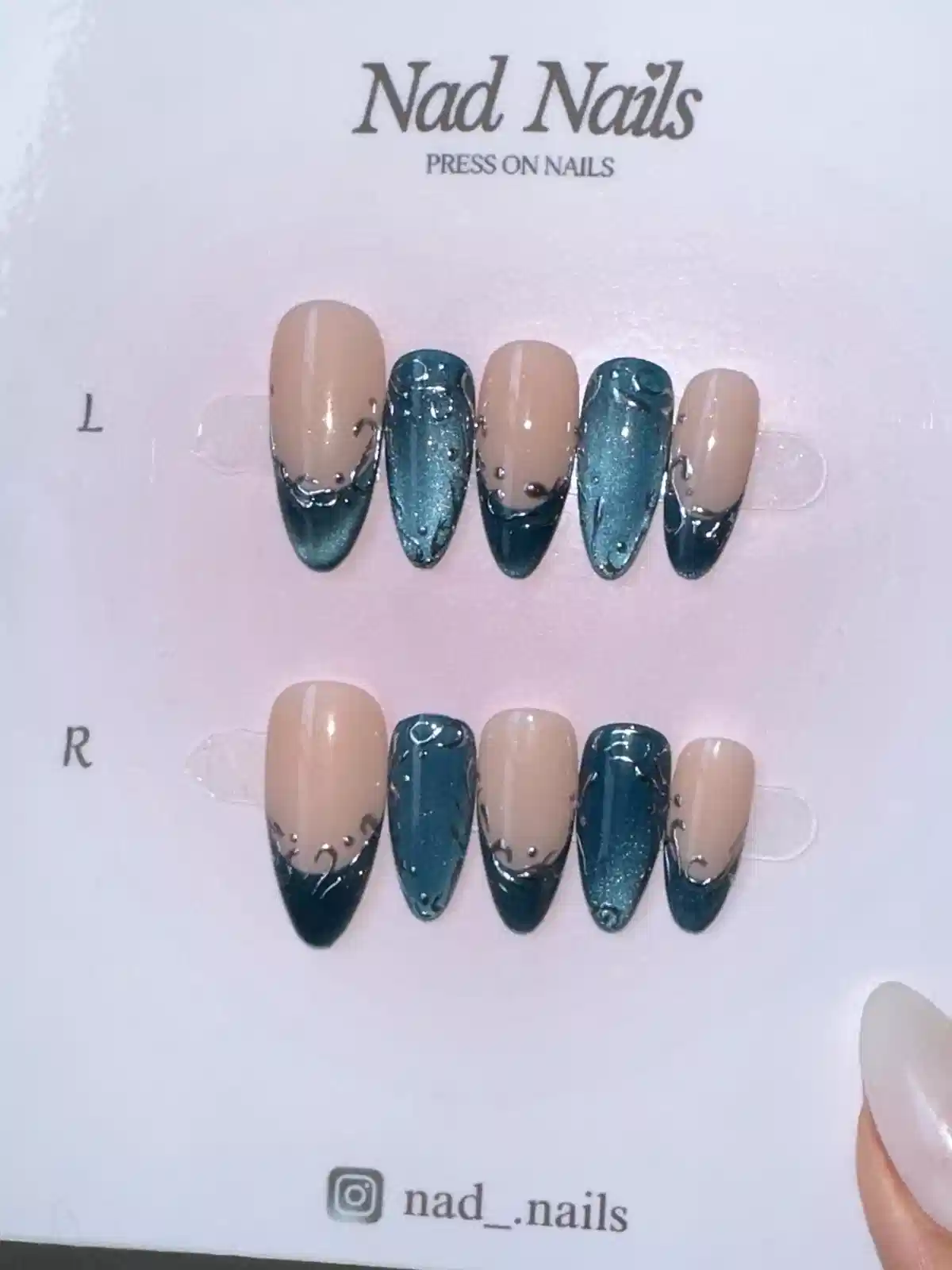 Nude-and-teal glitter tip press-ons on branded card