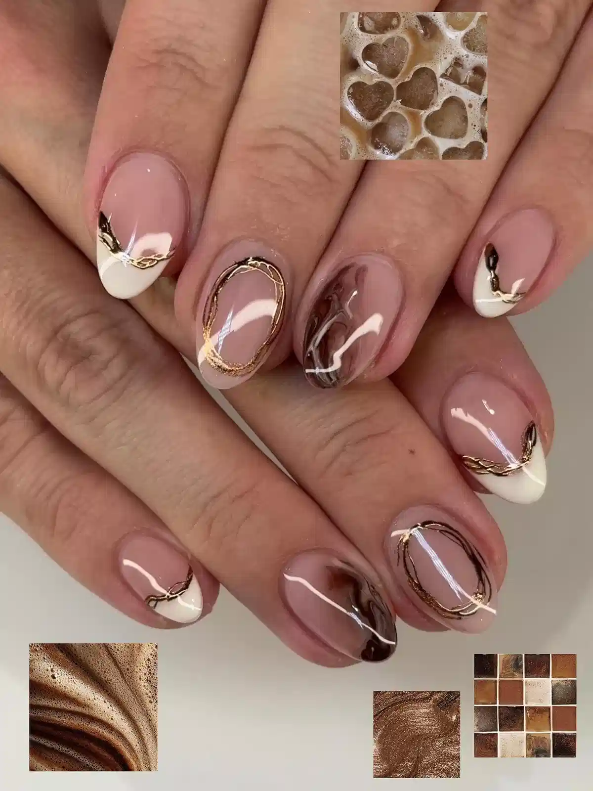 Glossy nude and white tips with brown marble accents and gold outlines