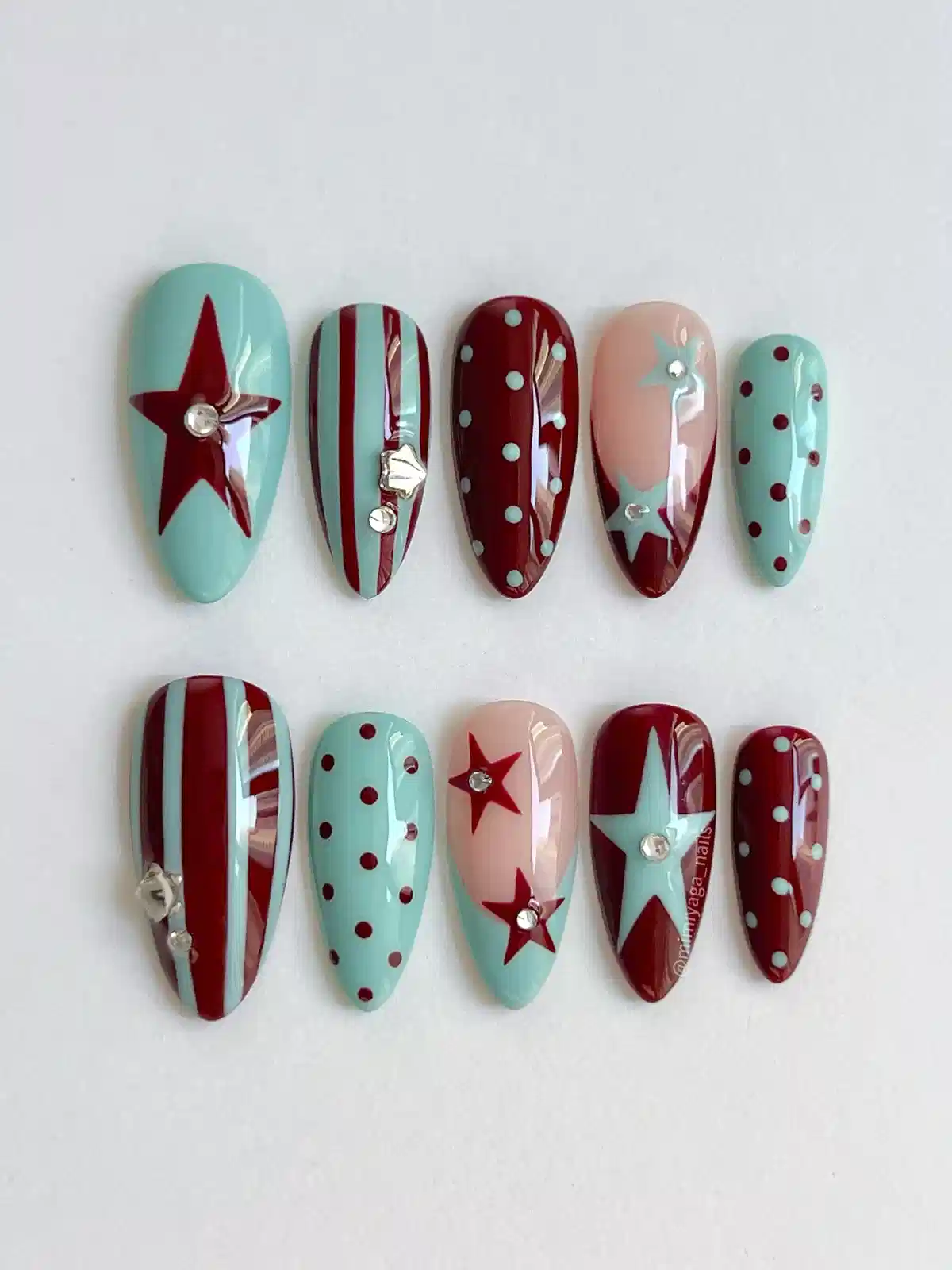Mint and red graphic set with stars, stripes, and polka dots