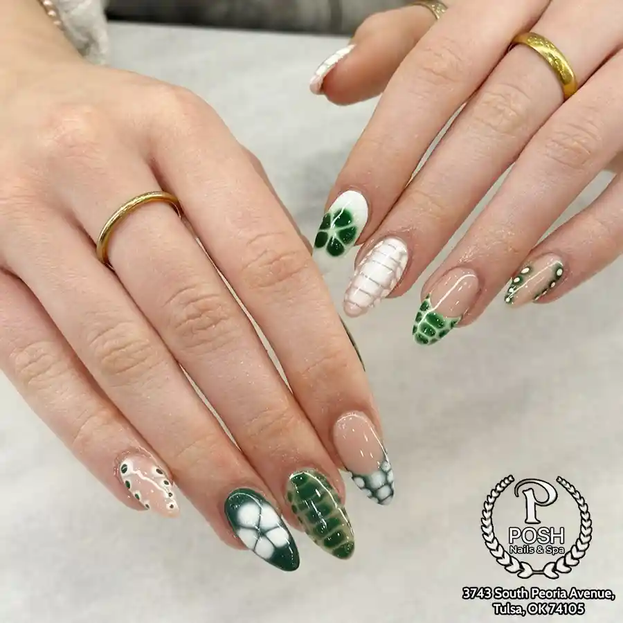 Green patterned tips with salon logo overlay