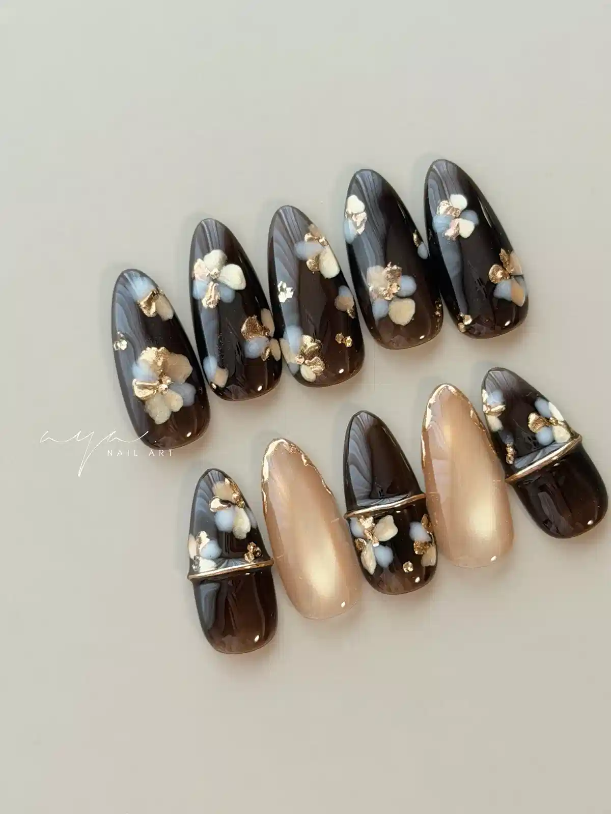 Dark brown and nude set with 3D flowers and gold flecks