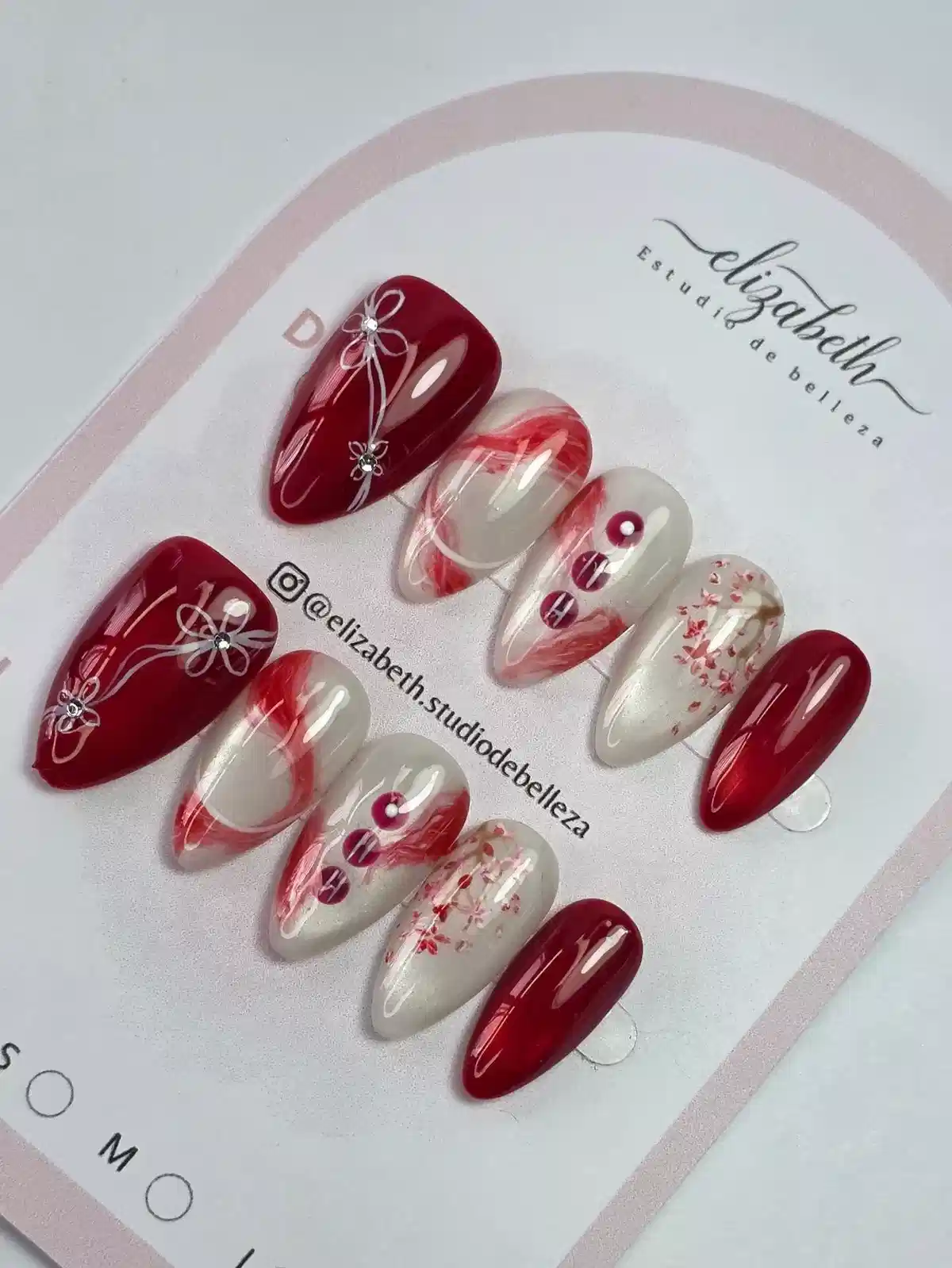 Deep red and milky translucent set with floral line art and red accents