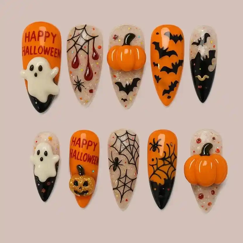 Orange-and-black Halloween set with text, ghosts, webs, bats, and pumpkins
