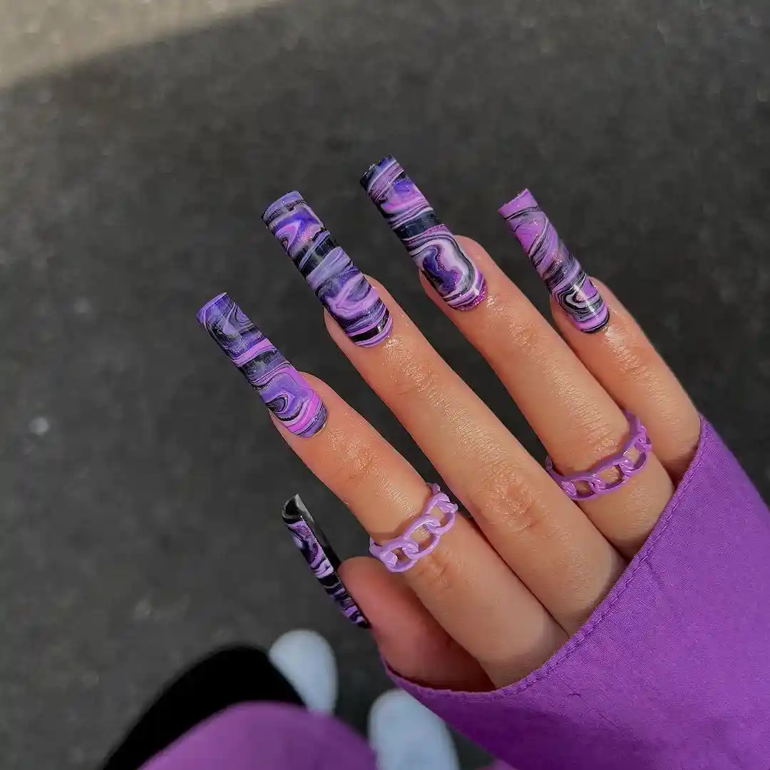 Purple-and-black swirl marble square nails
