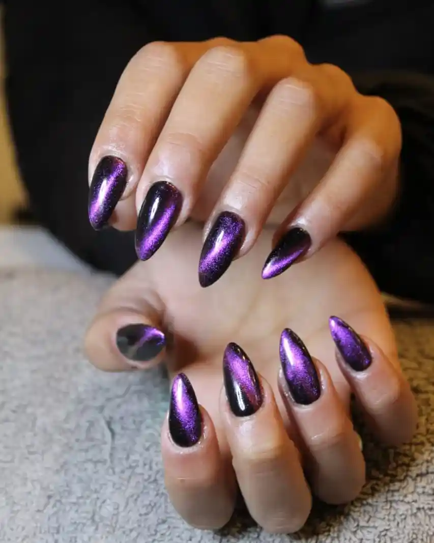 Black Almond Nails with Purple Shimmer Glow