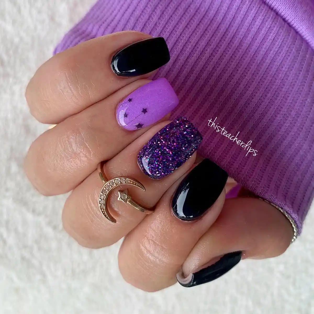 Black, Lilac Stars, and Purple Glitter Accent
