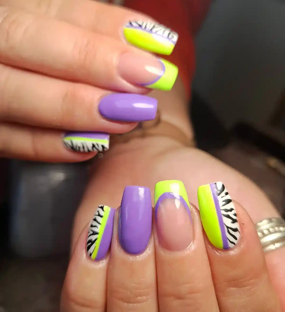 Lavender and neon yellow-green with zebra stripe accents