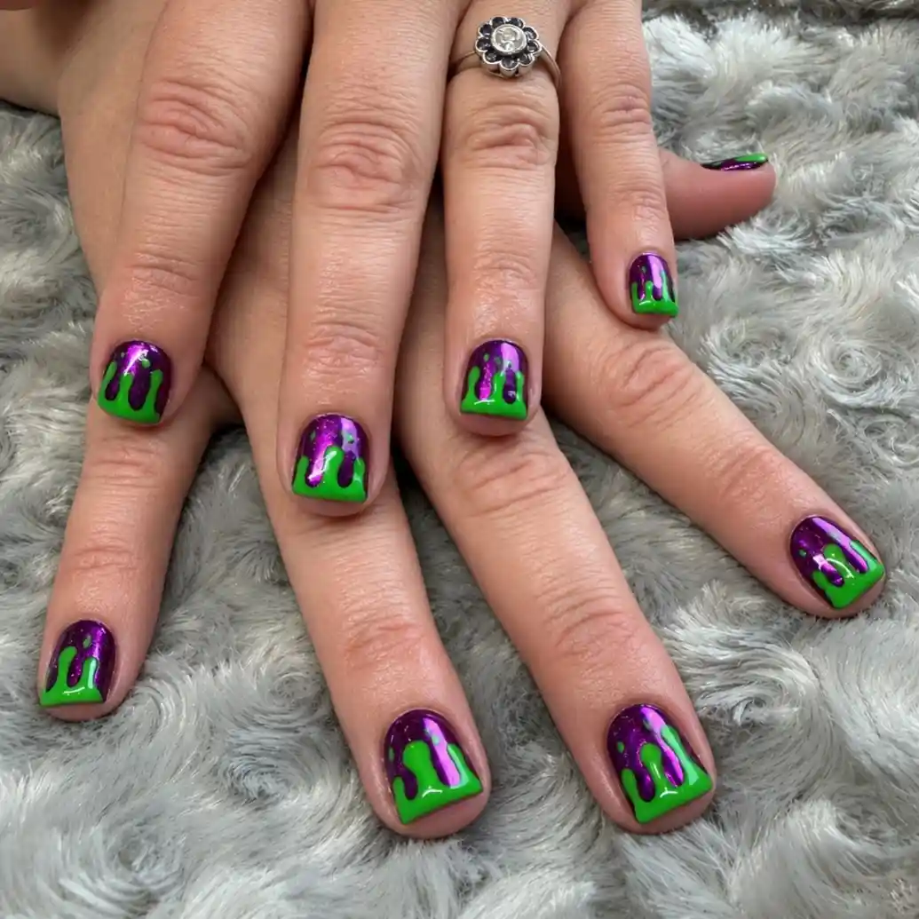 Short purple nails with green drip designs