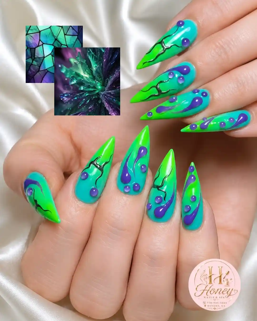 Teal-to-green stiletto nails with raised purple dots and black crack lines