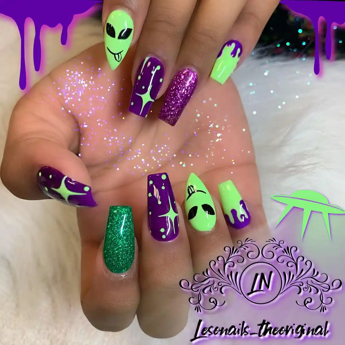 Neon green and purple set with alien faces, drips, and sparkle motifs