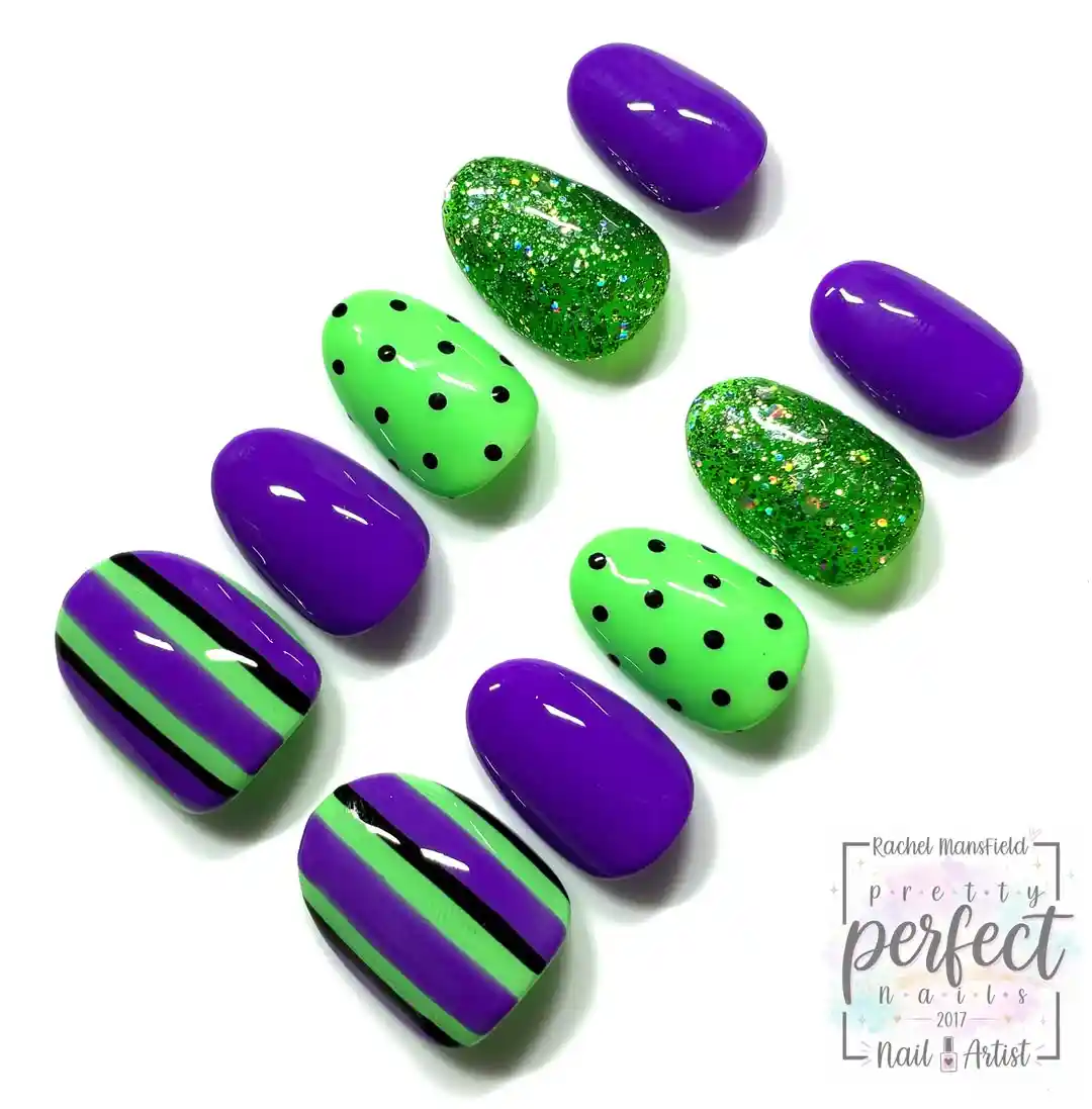 Purple solids with neon green stripes, polka dots, and green glitter