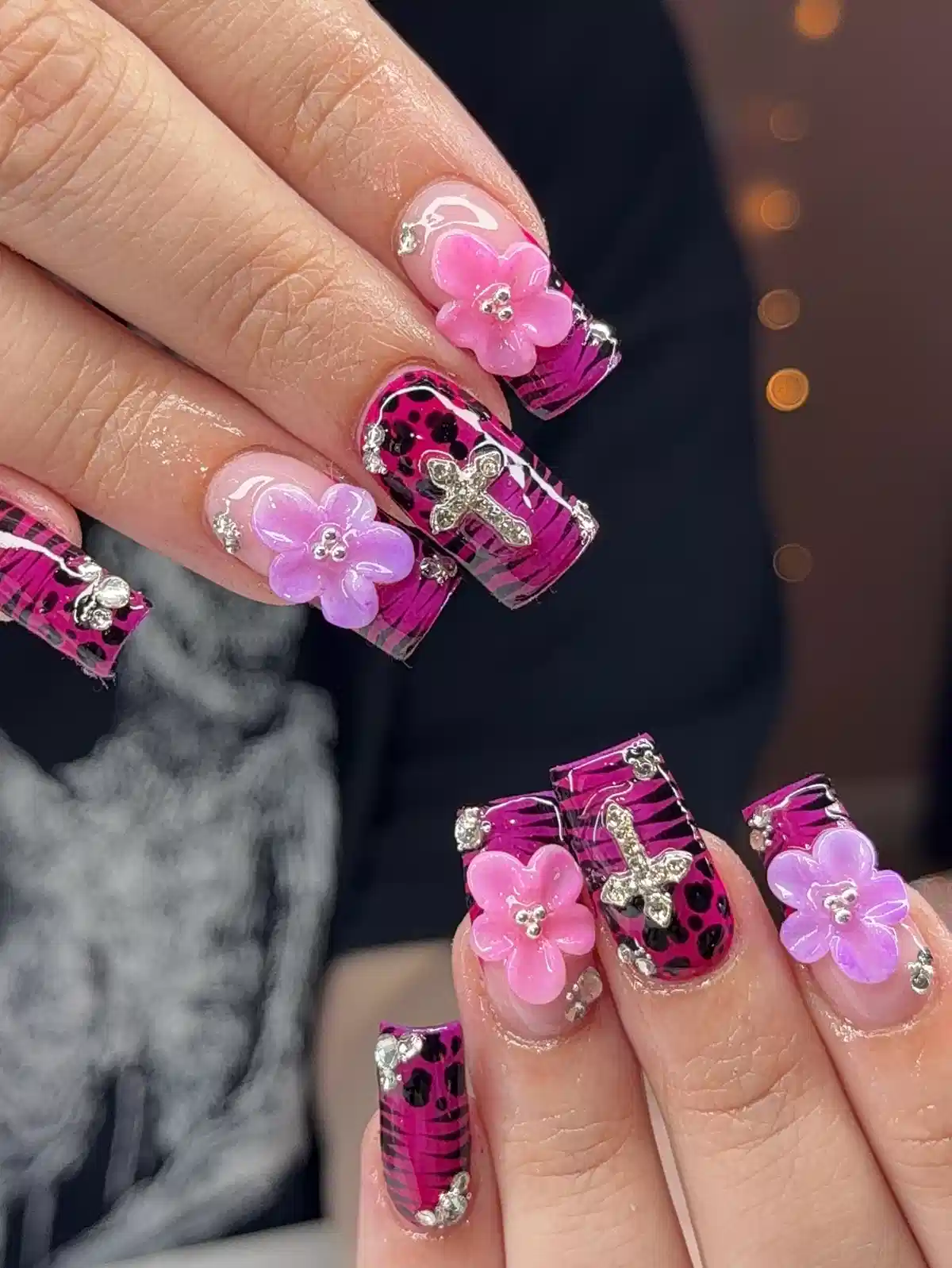 Hot pink patterned set with 3D flowers and cross charm