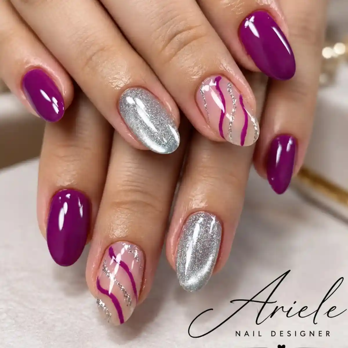 Solid purple with silver glitter and wavy accent lines