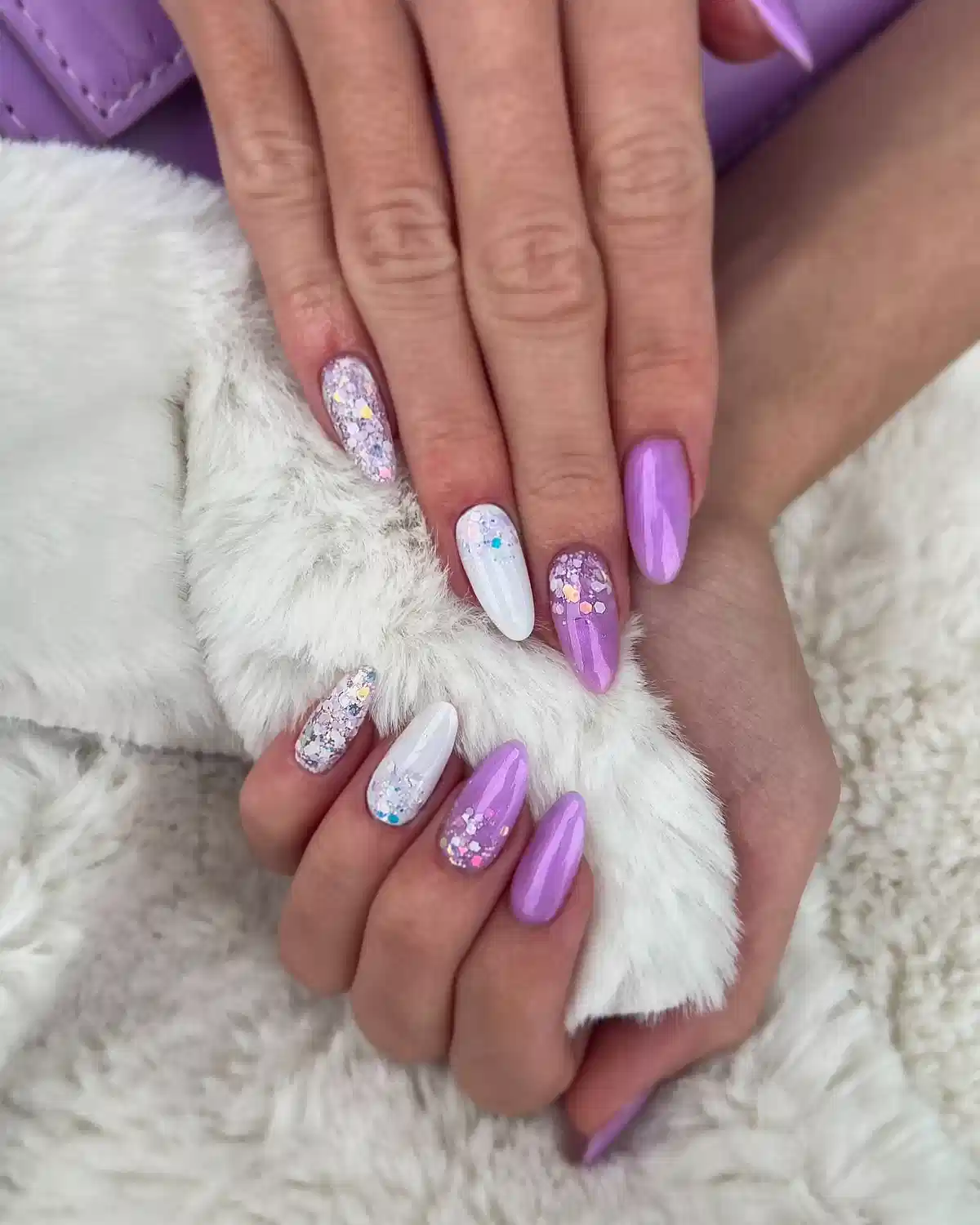 Lavender and white with chunky silver glitter accents