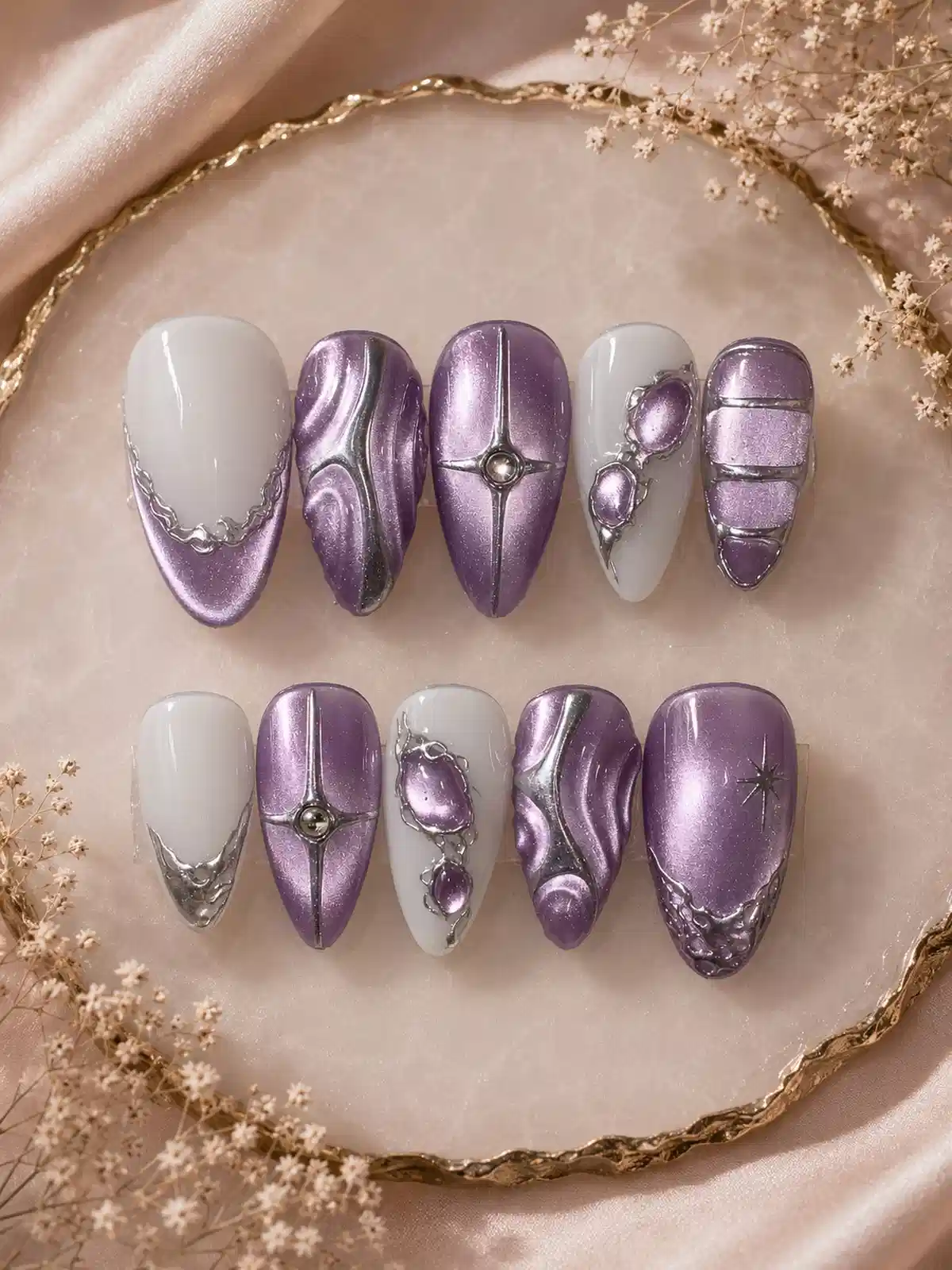 Metallic purple set with raised silver detailing