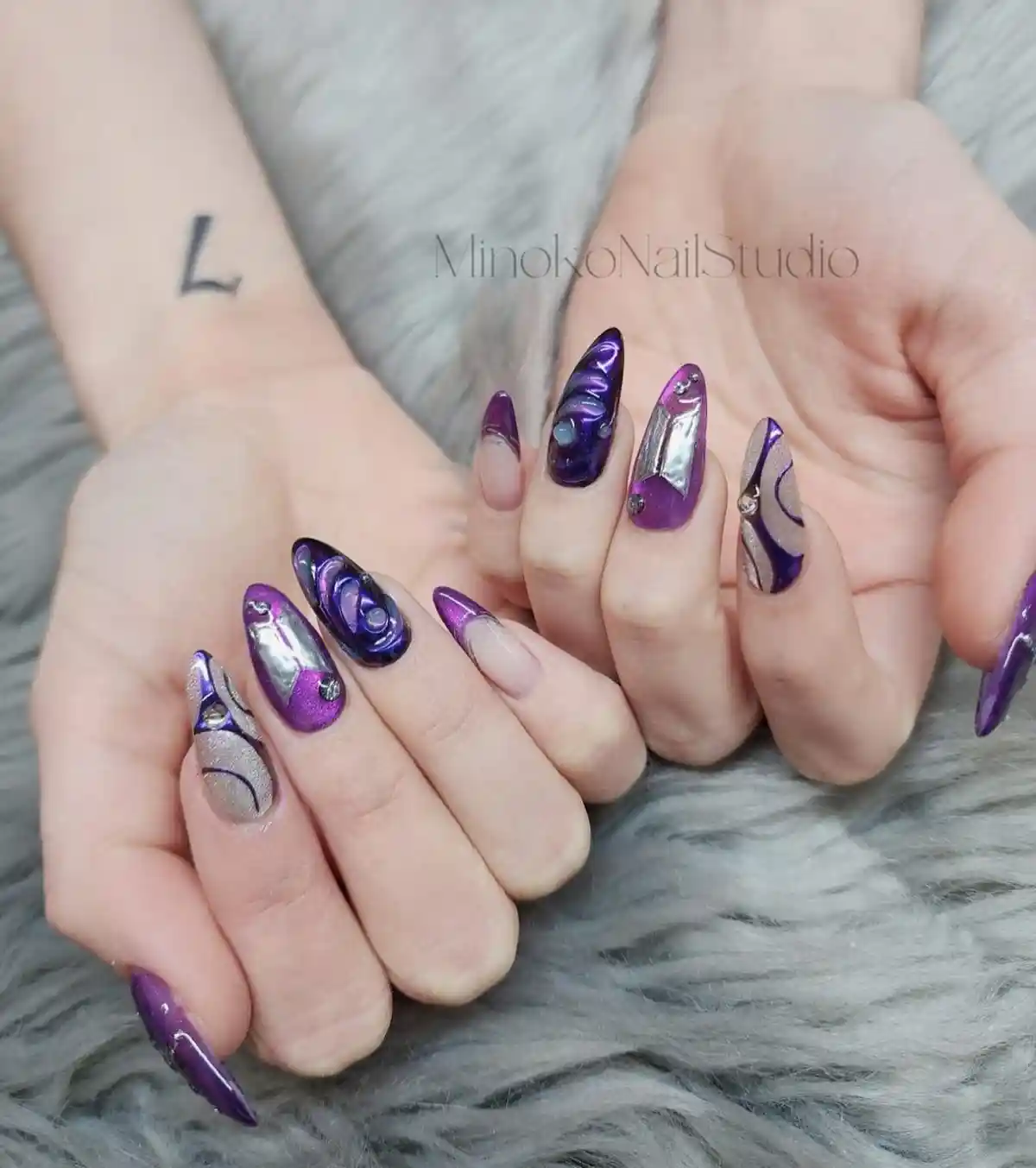 Long purple set with silver panels and gem accents