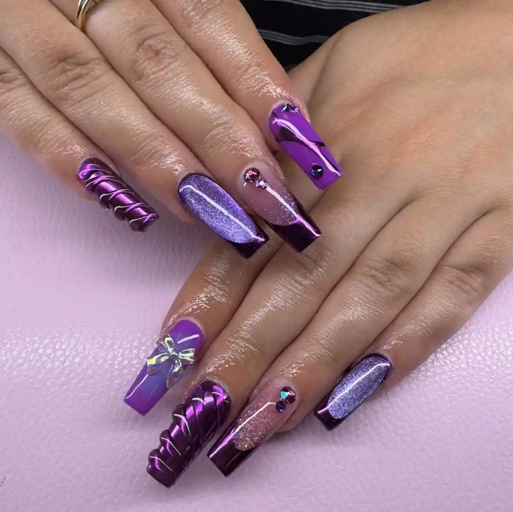 Long purple set with 3D spirals, glitter, and gems