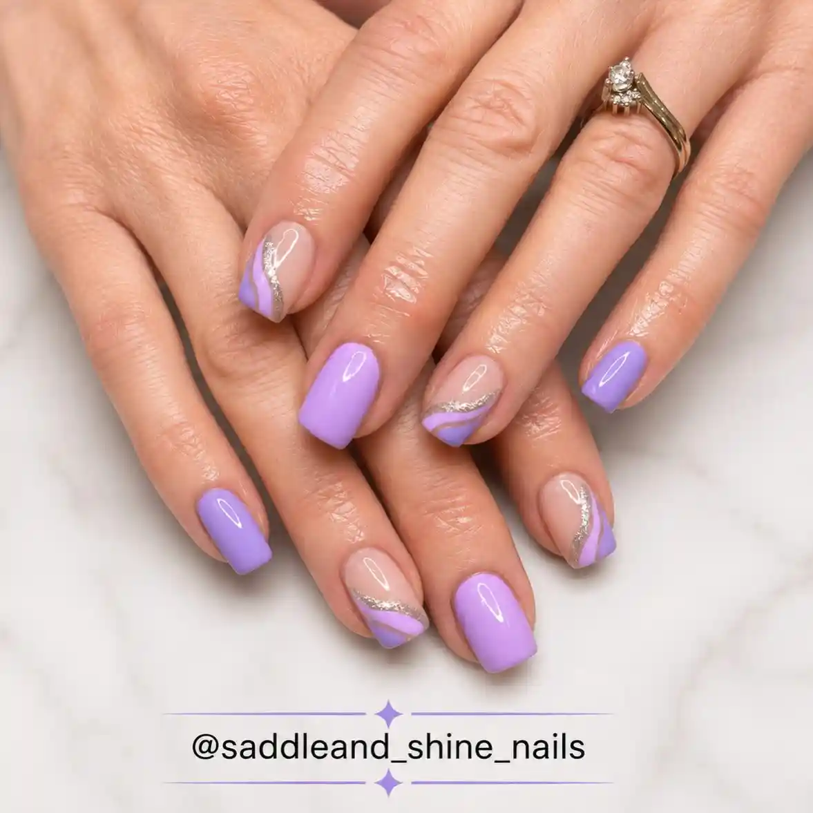 Lavender solids with nude-and-silver wavy accents