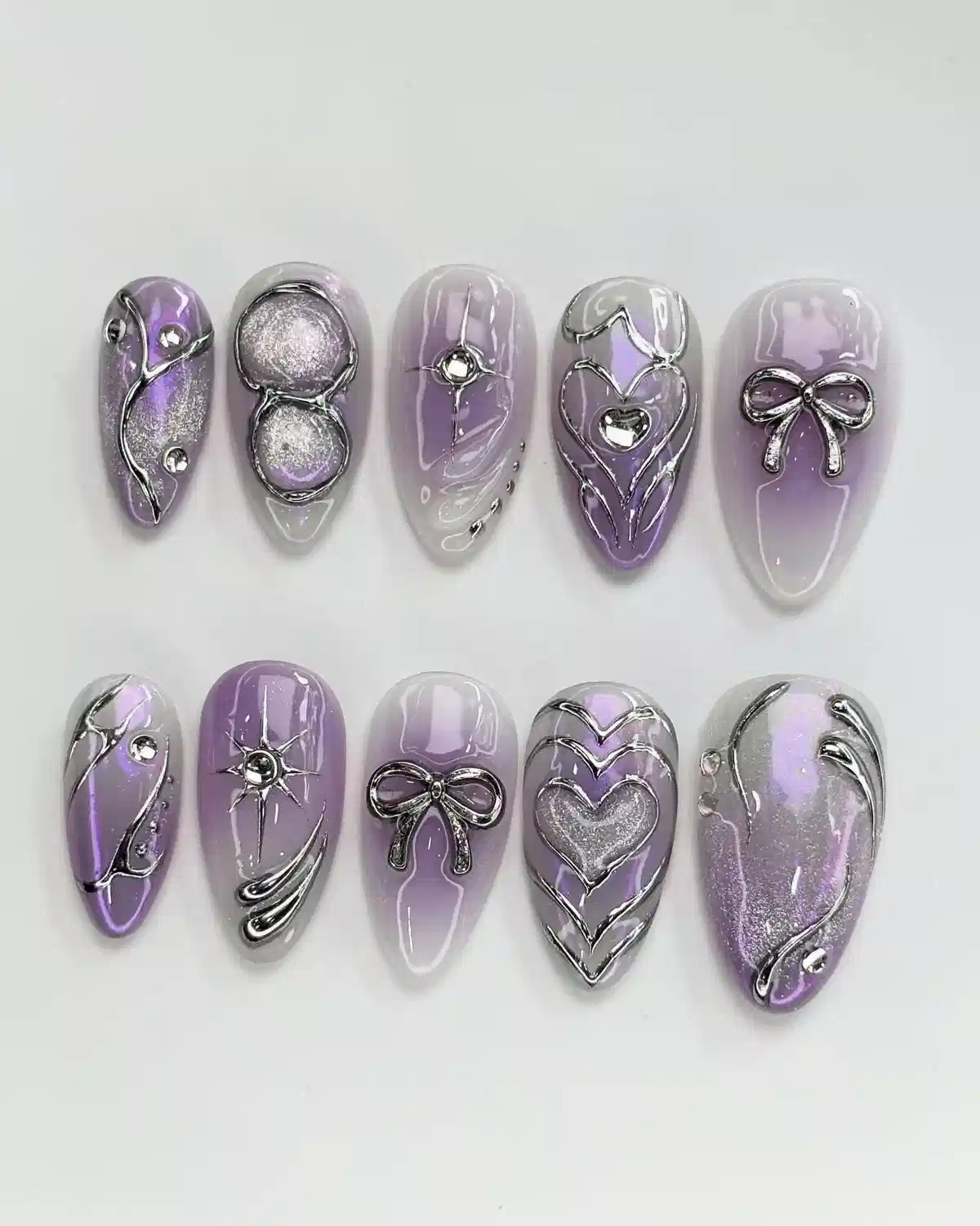 Lavender gradient set with raised silver bows and hearts