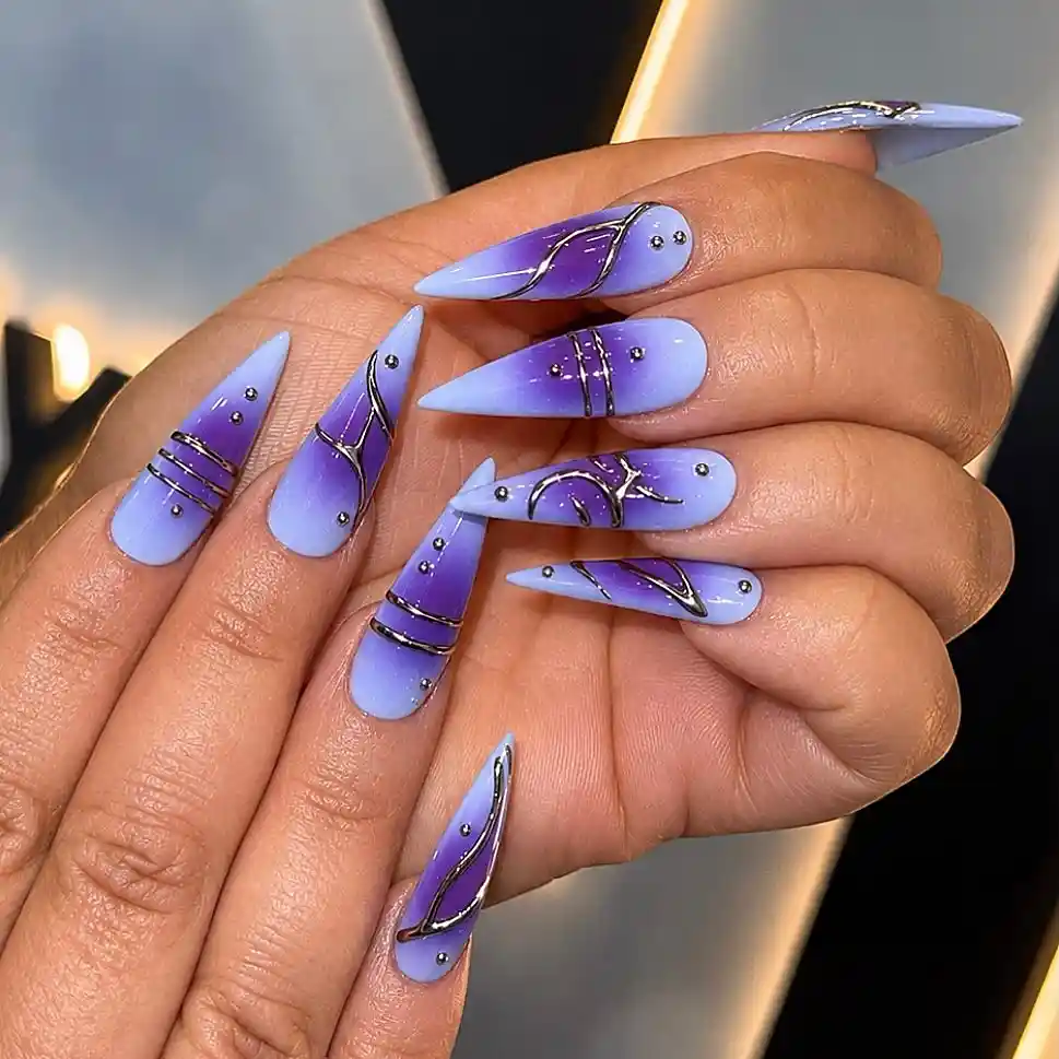 Blue-to-purple gradient with silver linework and studs