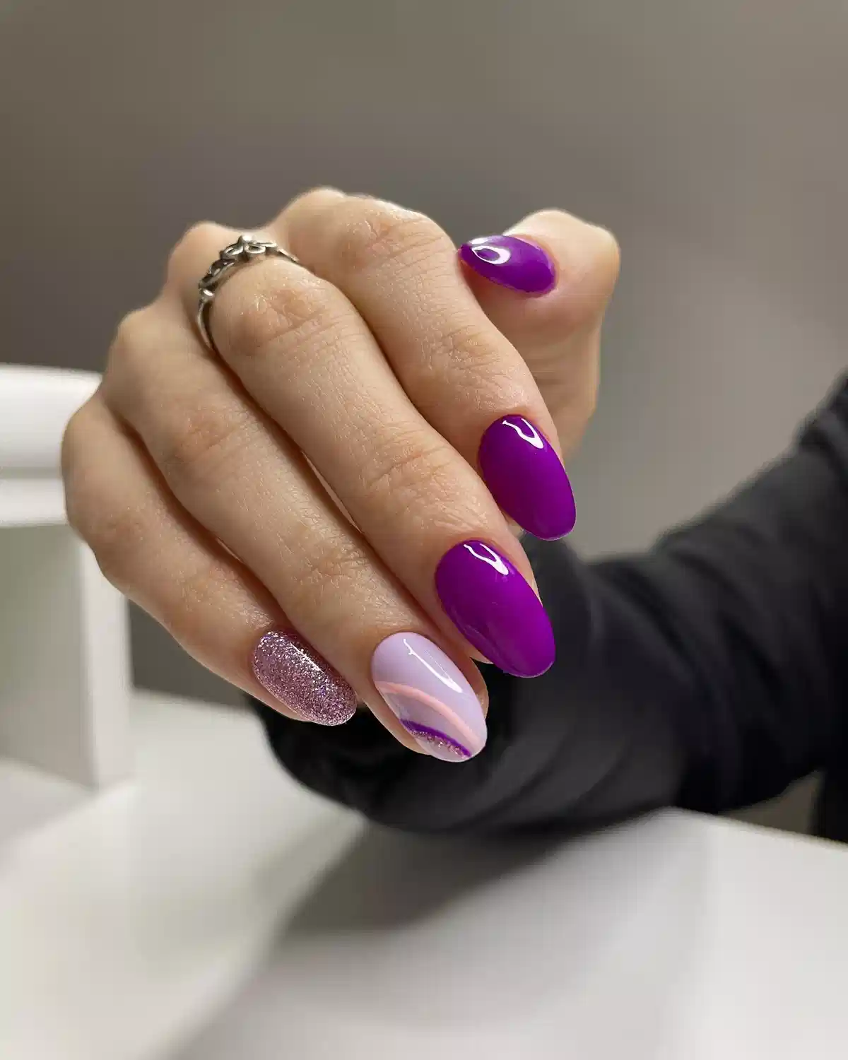 Deep purple set with glitter and swirl accent