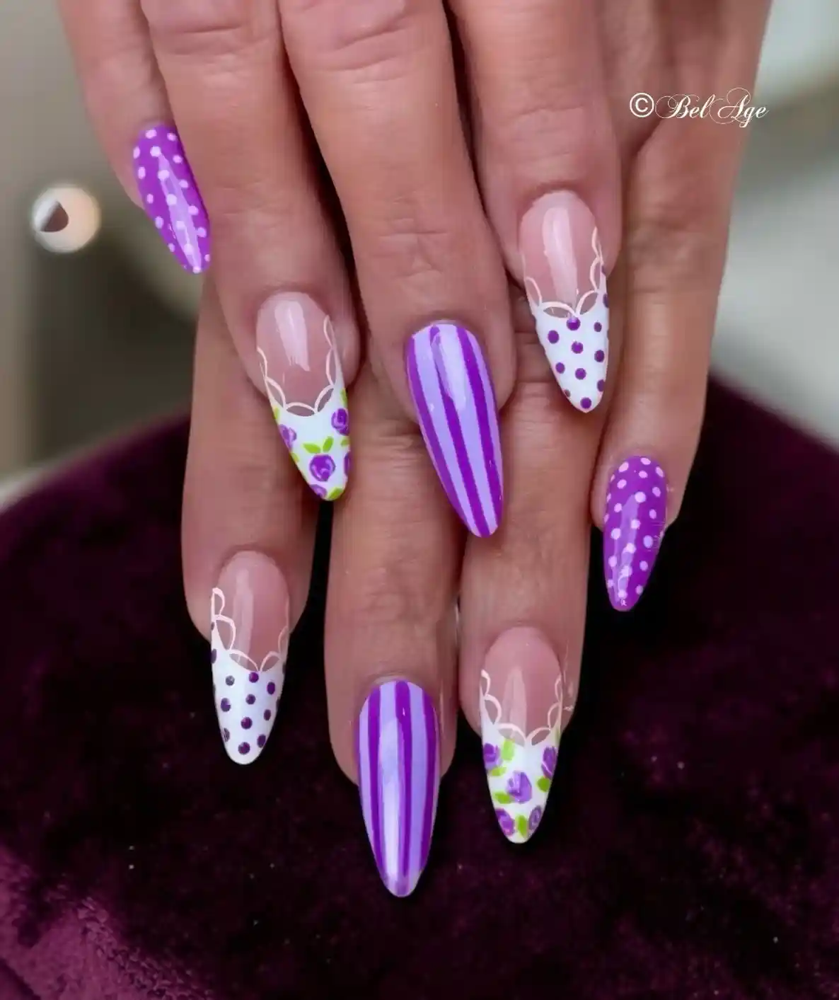 Mixed purple-and-white patterns: stripes, dots, and lace-floral tips
