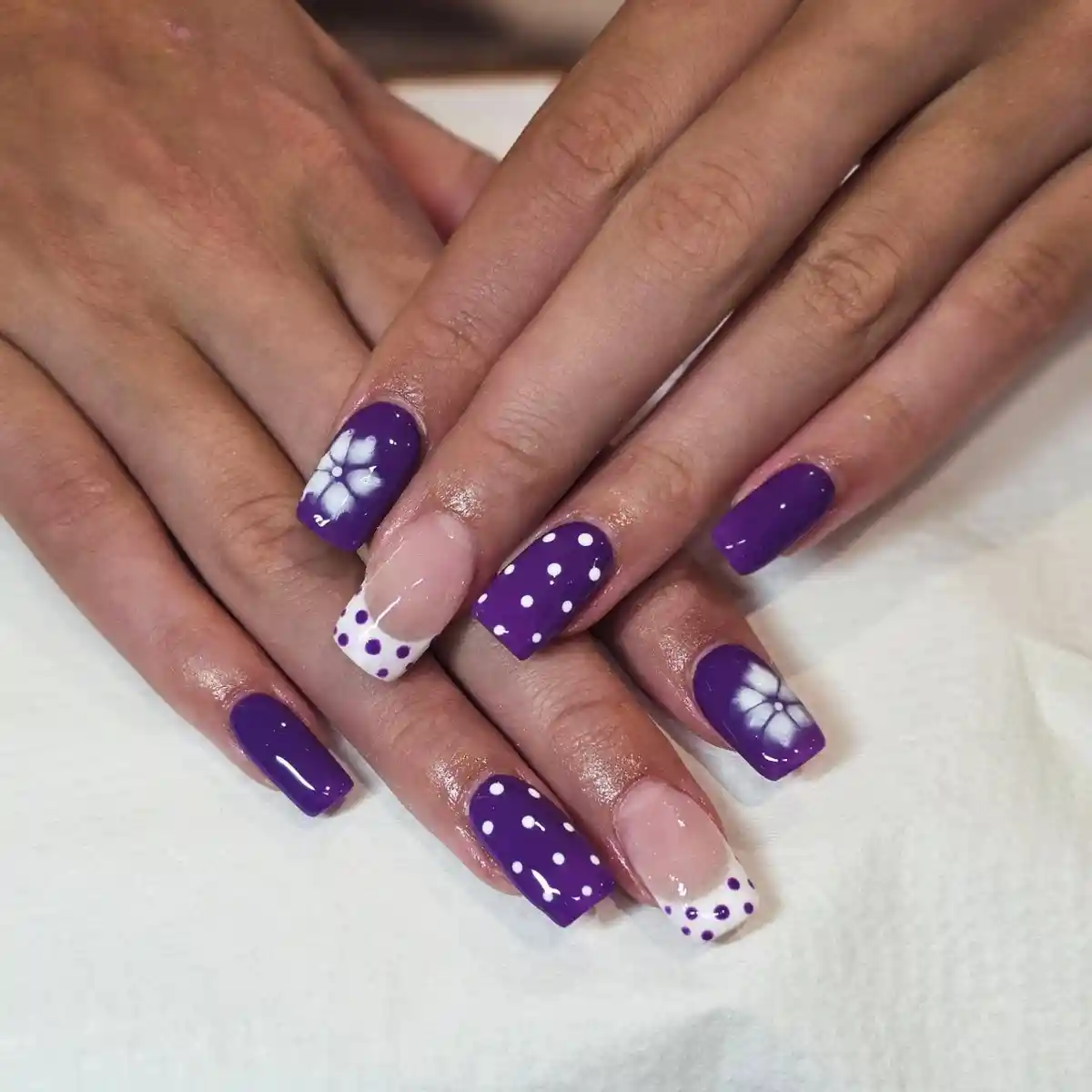 Deep purple solids with dotted French accents and white florals
