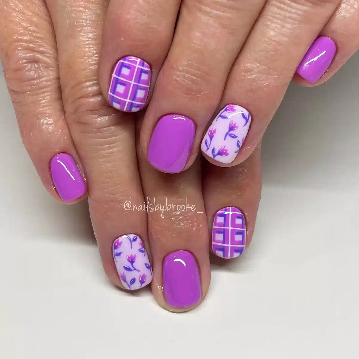 Bright purple with plaid and floral accents