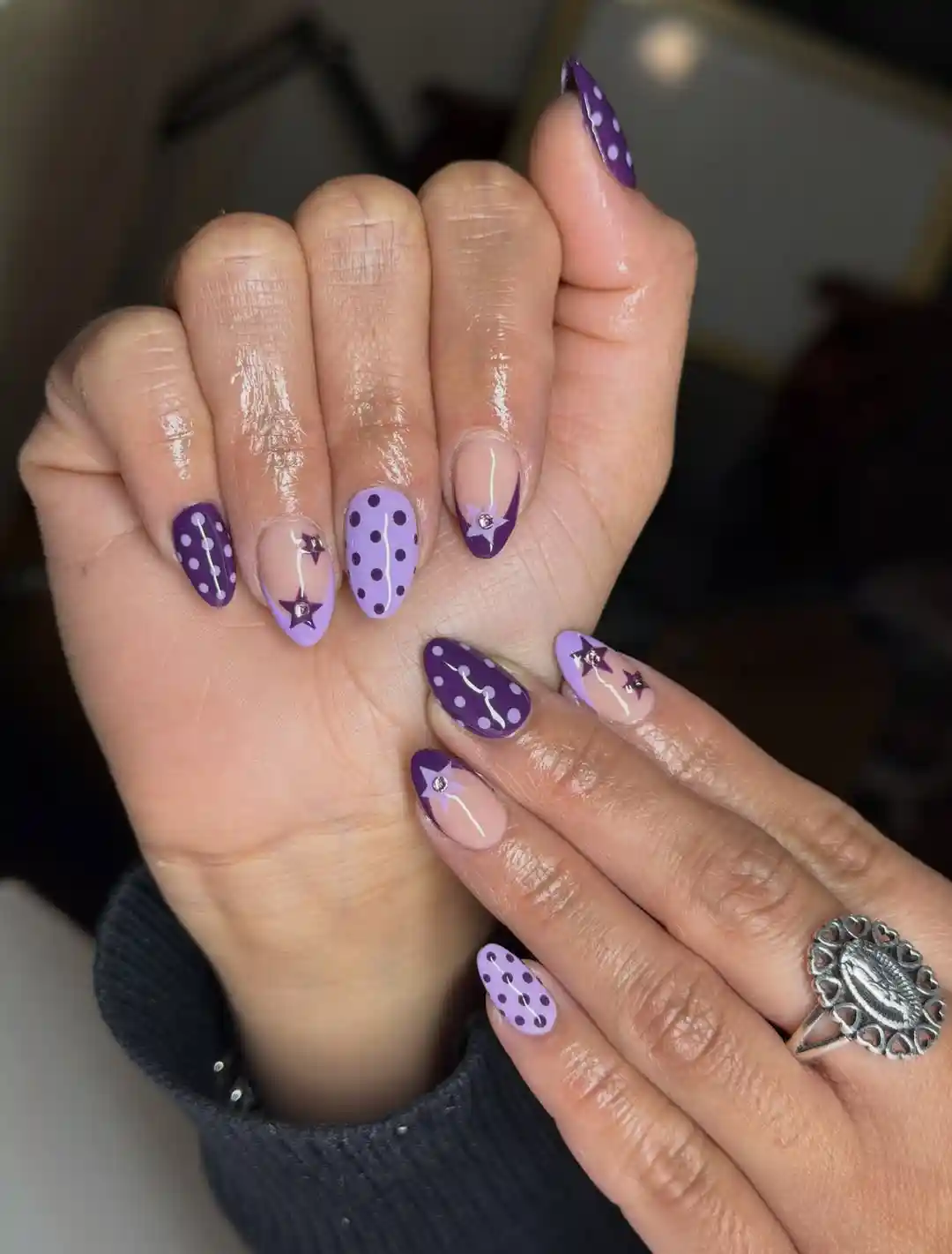 Purple polka dots with star-tipped accents