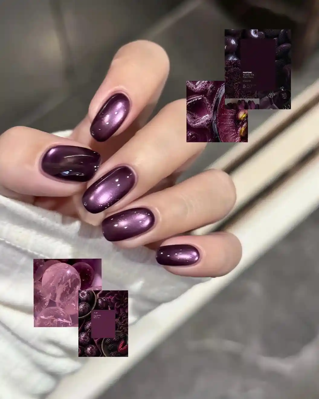 Deep purple glossy cat-eye nails with purple mood-board insets