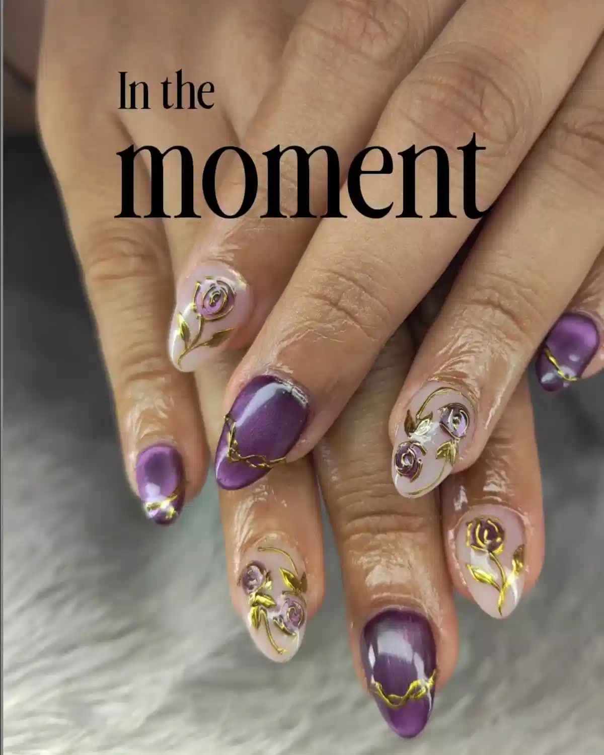Purple metallic and nude nails with raised gold rose line art
