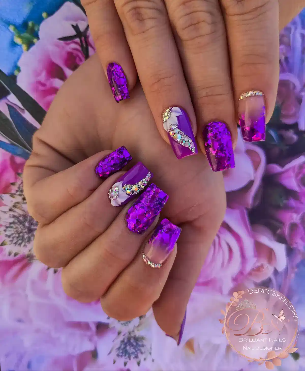 Purple reflective foil mix with rhinestones and white florals