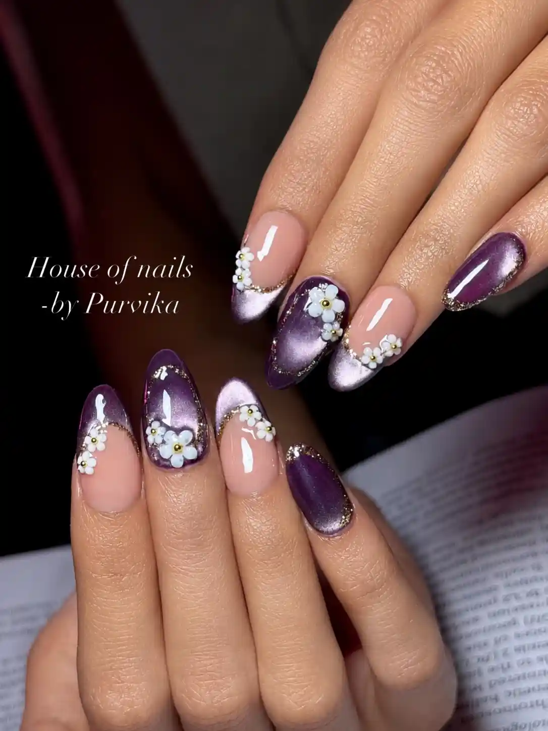 Nude and purple metallic tips with white 3D flowers