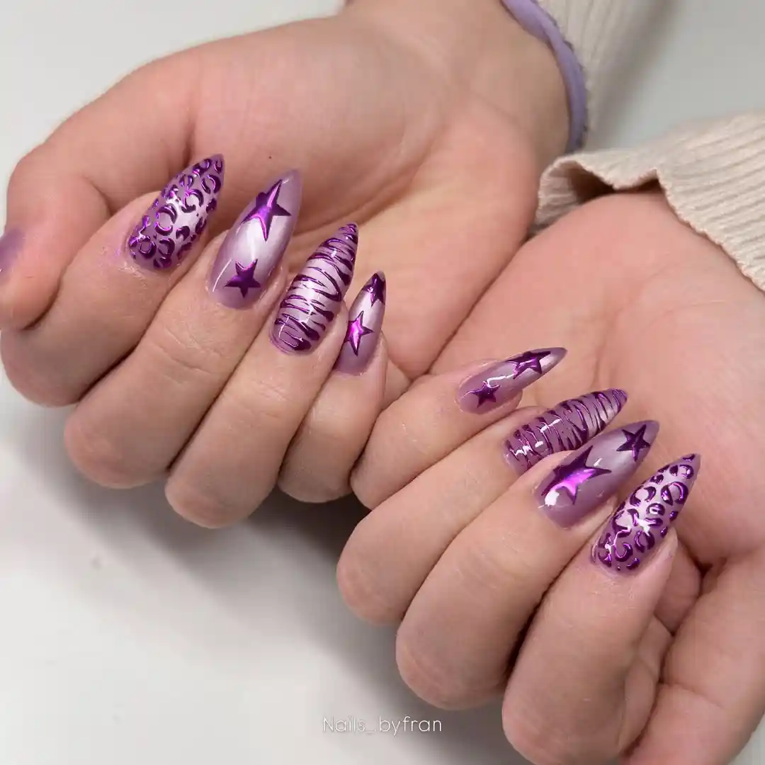 Lavender gradient stilettos with purple stars and mixed patterns