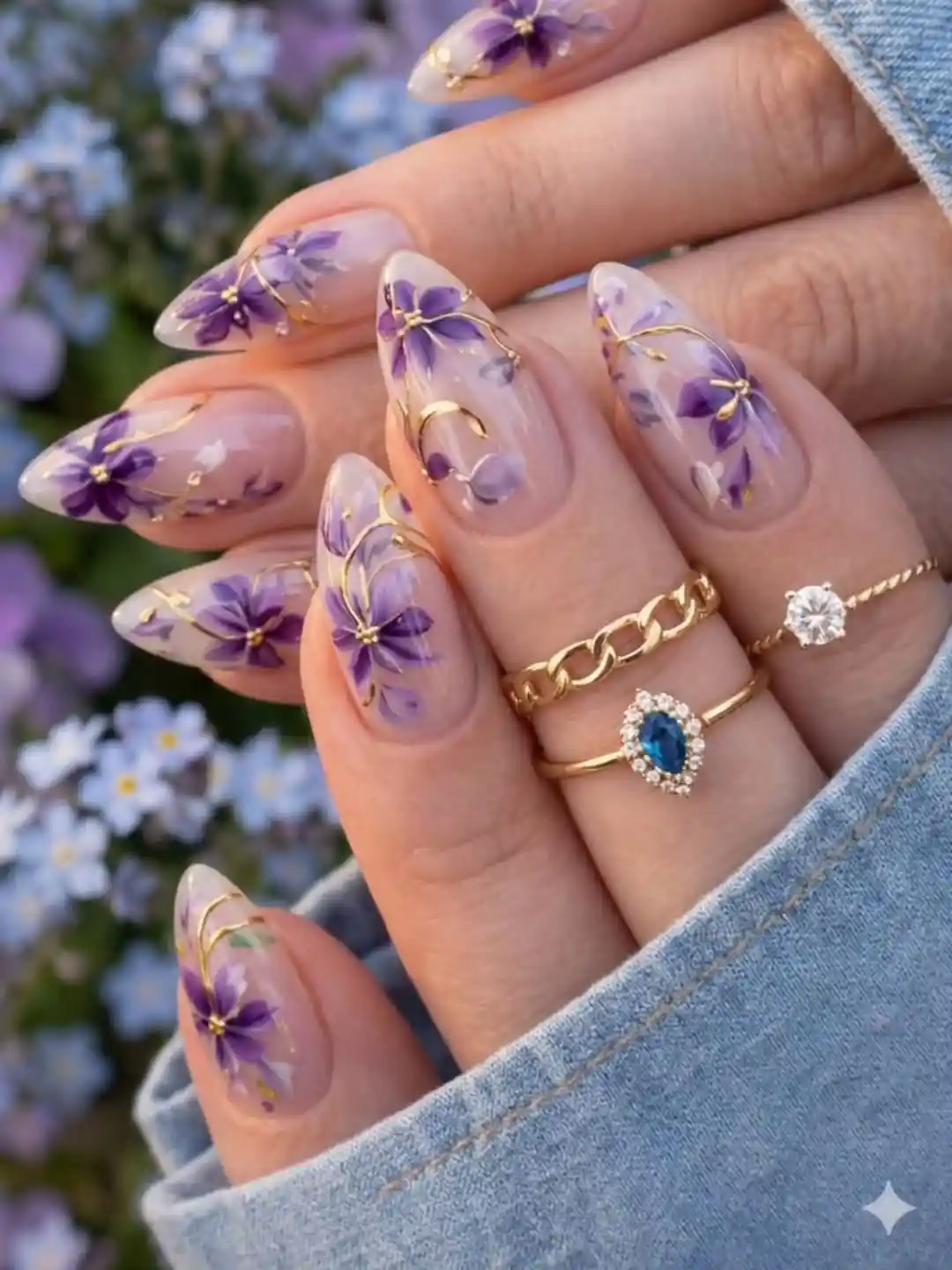 Translucent nude base with purple florals and fine gold linework