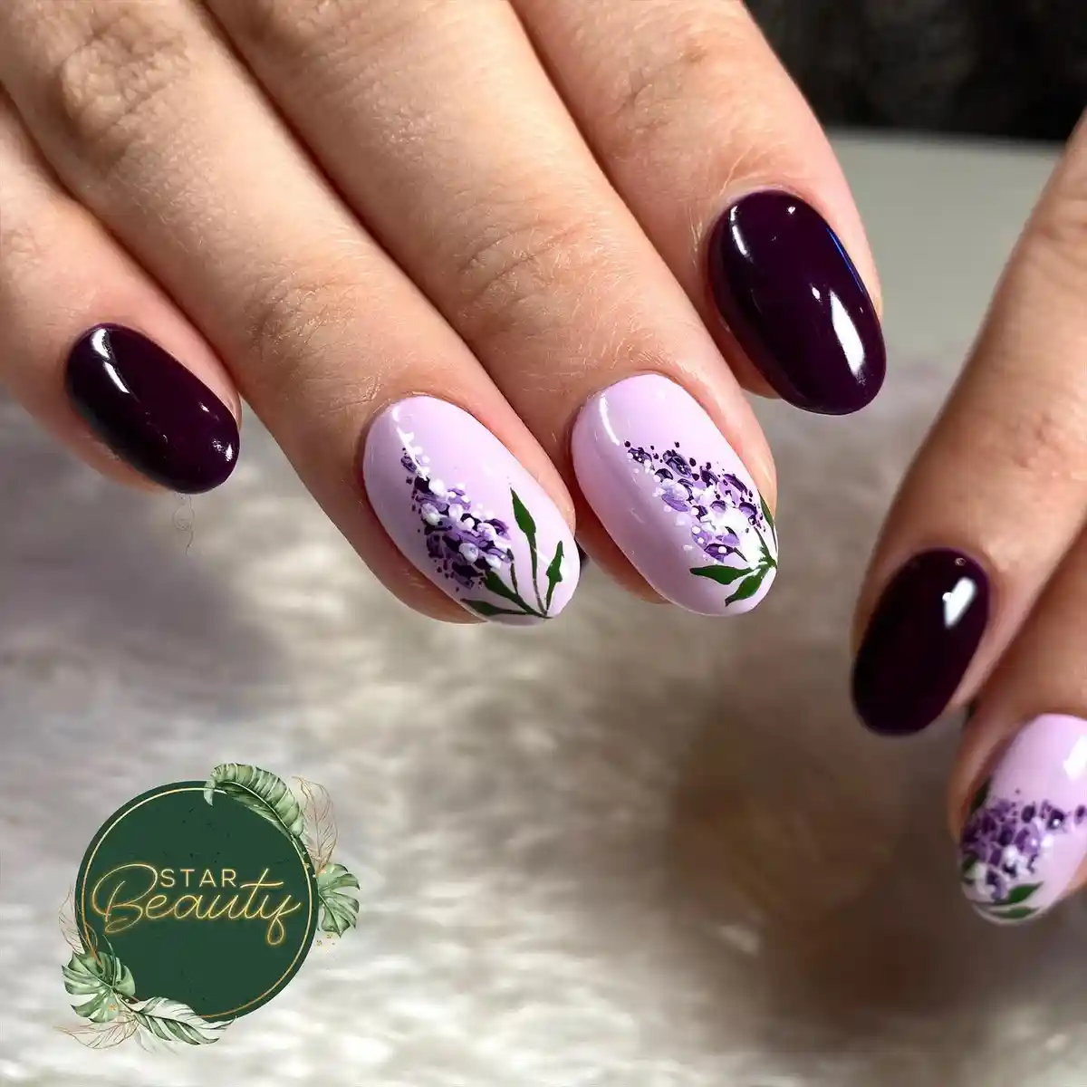 Dark-purple solids with lilac floral cluster accents