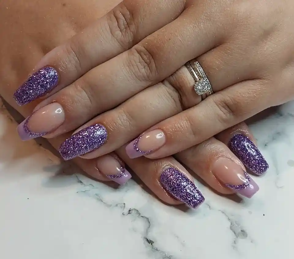 Mixed purple glitter full cover and lavender French tips