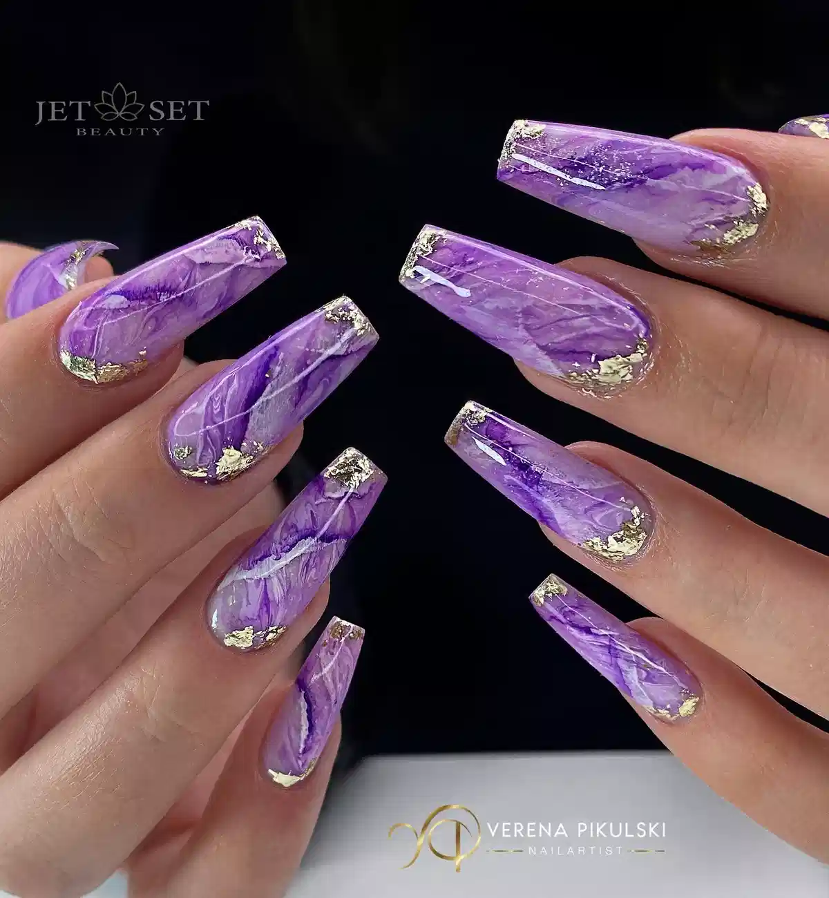 Purple marble nails with gold foil accents