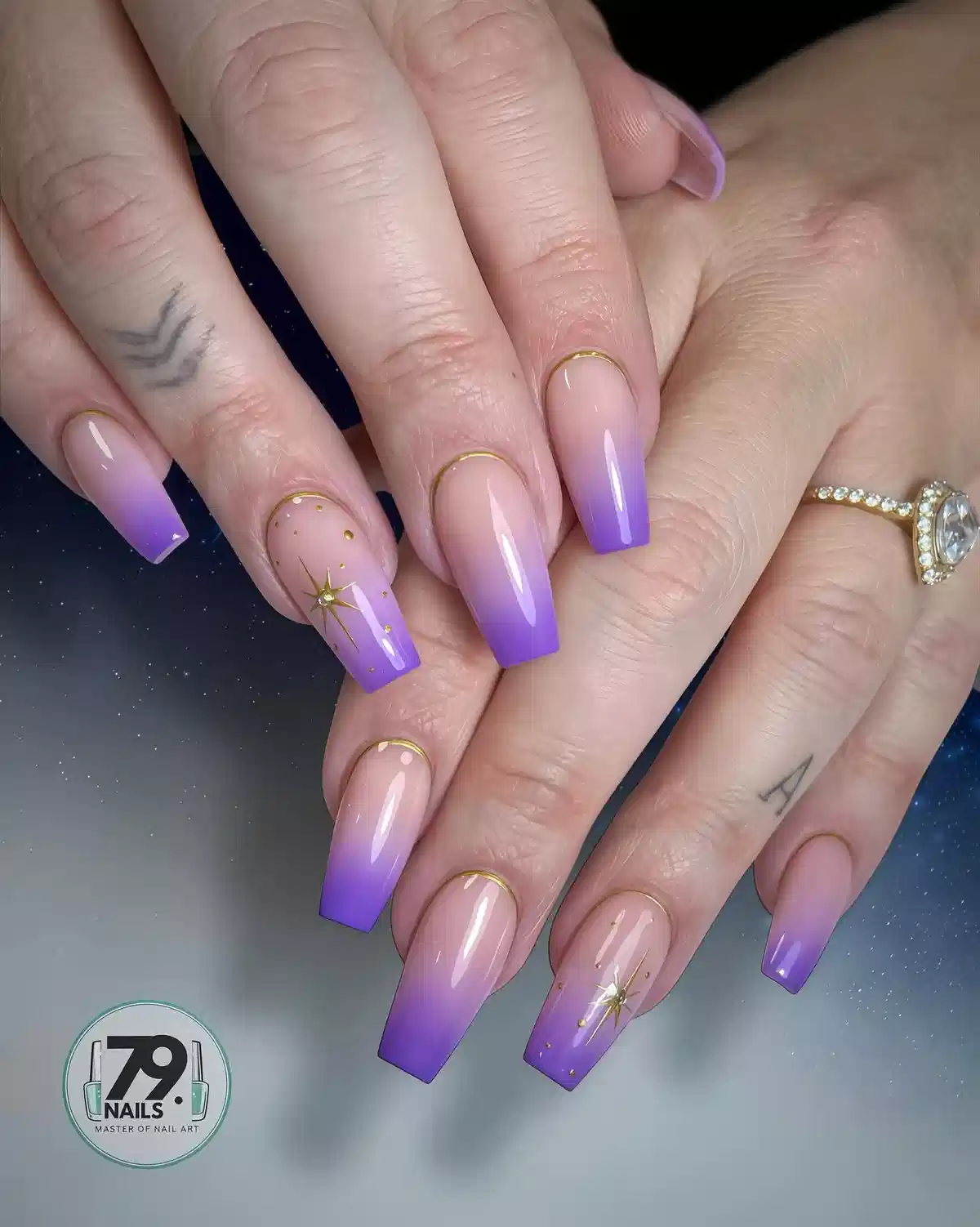Lavender Ombre Coffin Nails with Gold Outlines and Star Accents