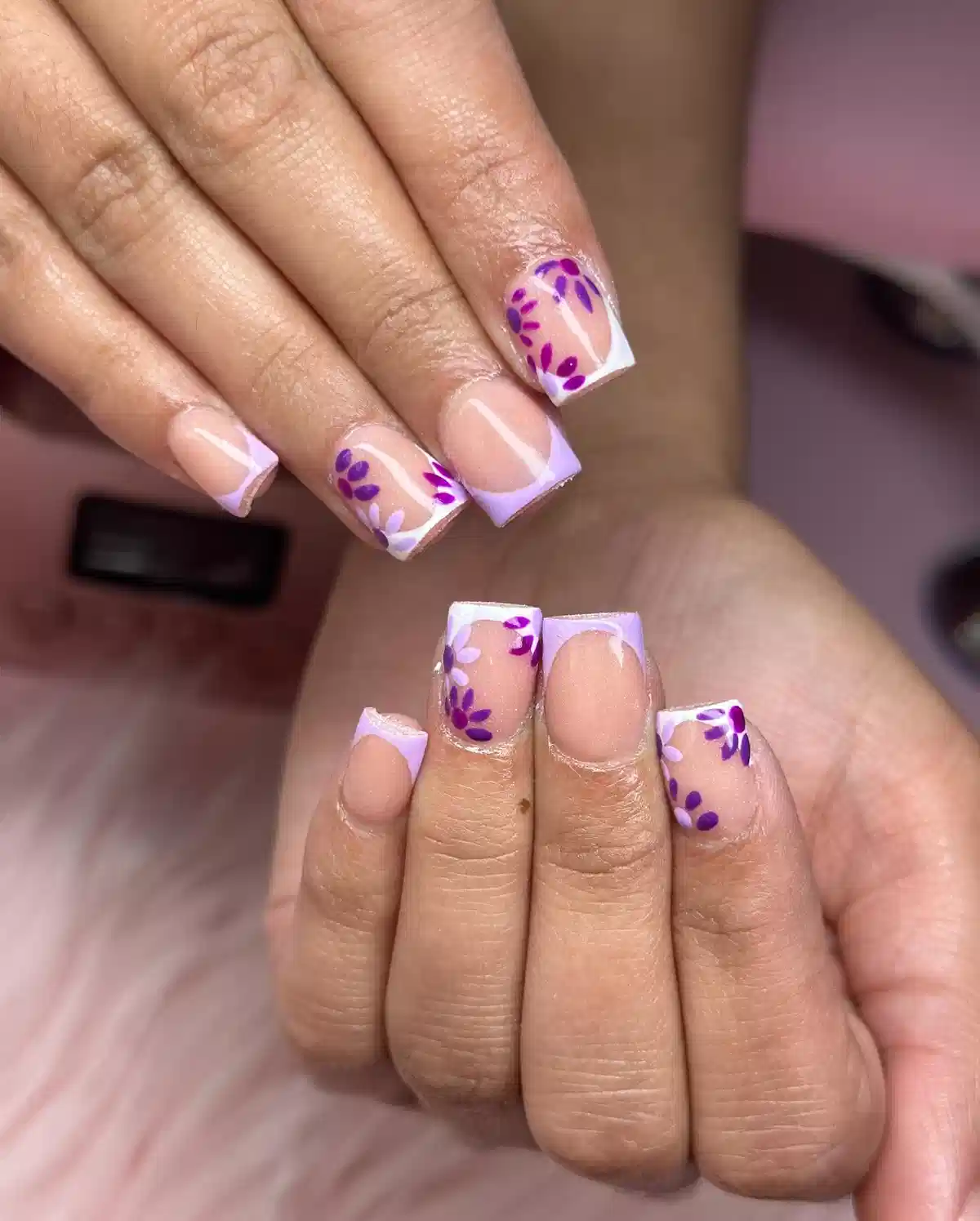 Soft French Tips with Purple Leaf Accents