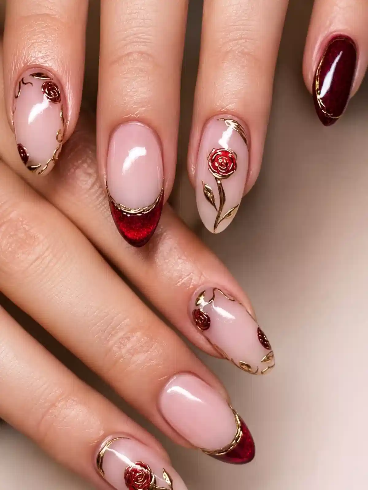 Red rose motifs with gold-edged French tips