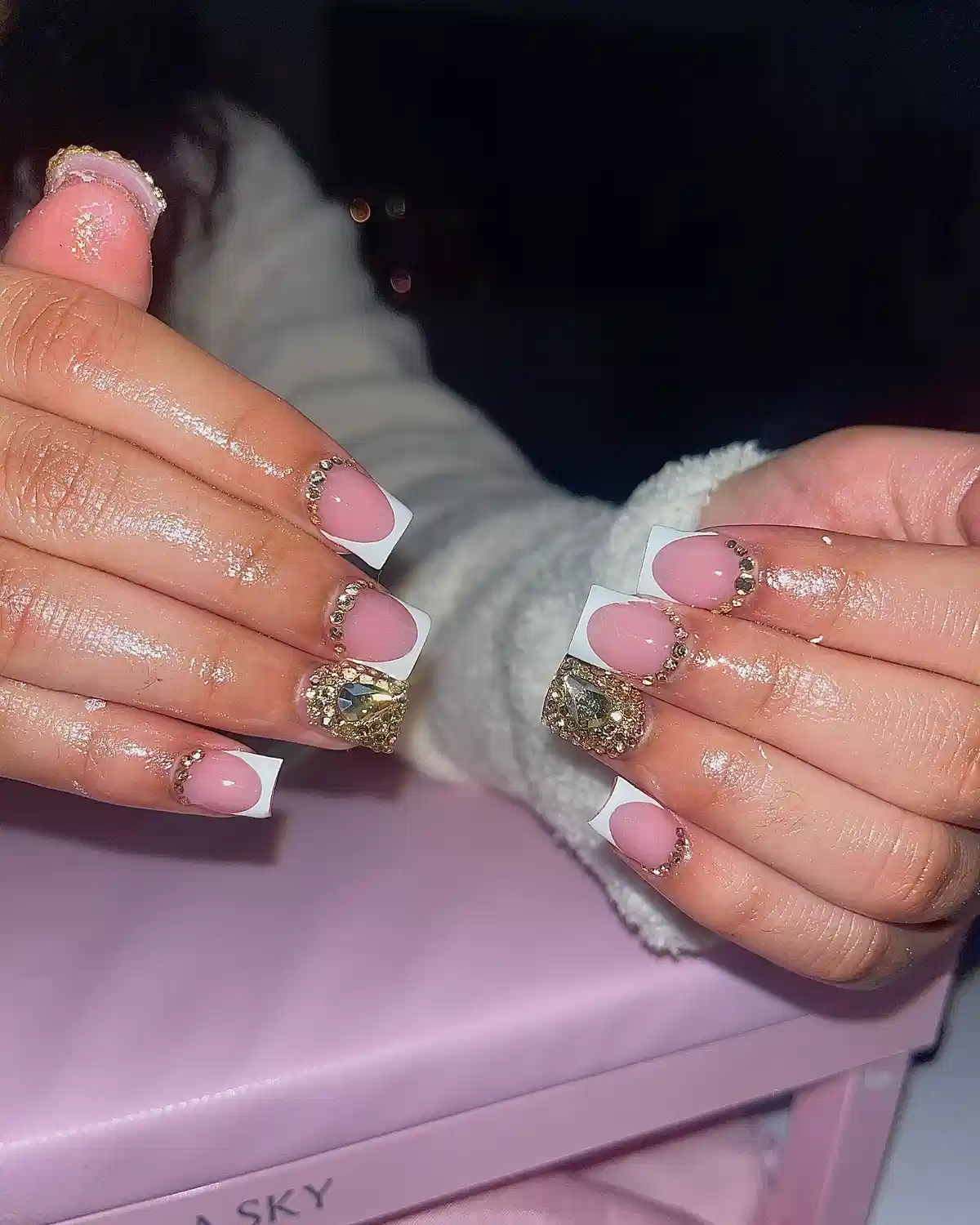 Pink and White French Tips with Gold Rhinestone Arcs
