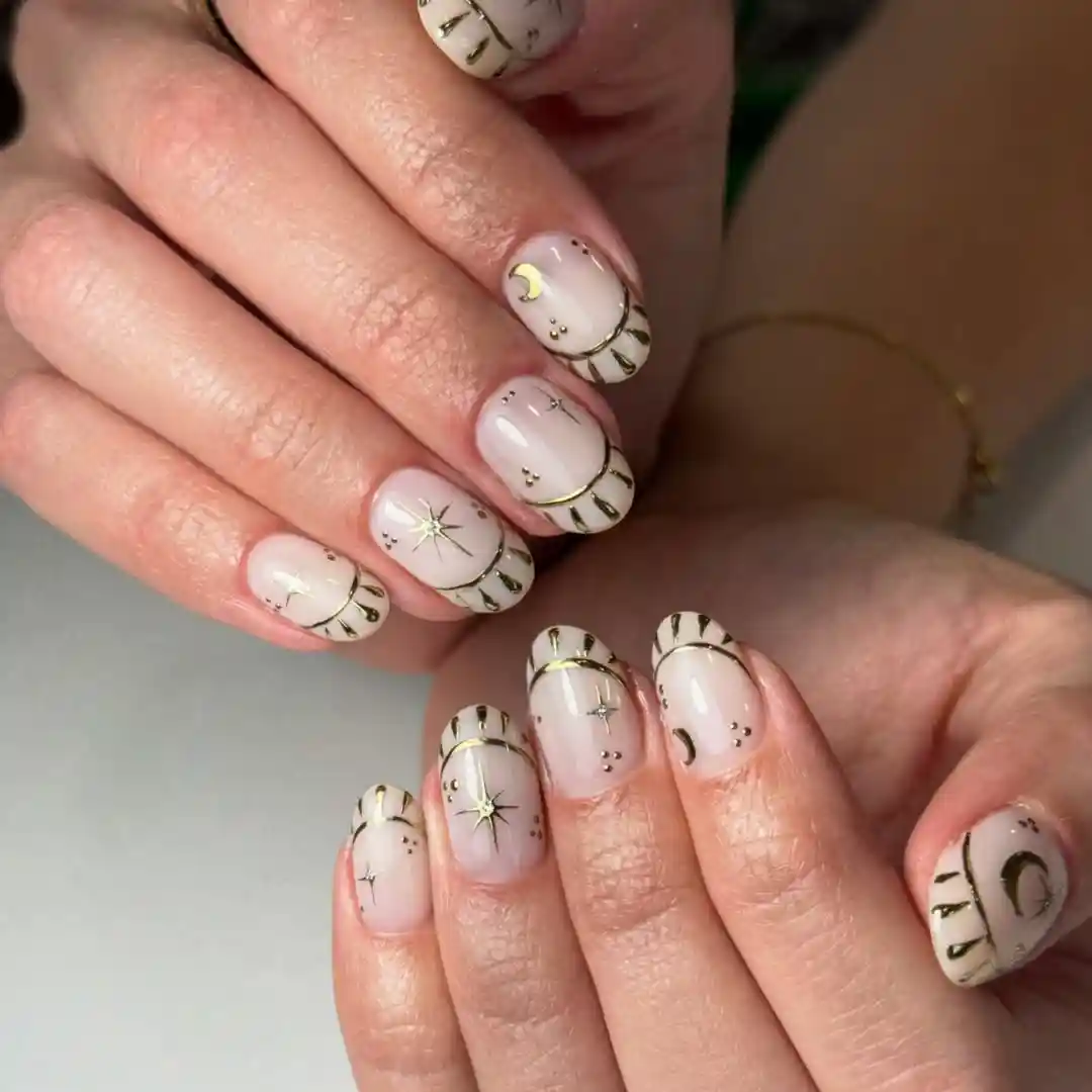 Sheer Nude Nails with Gold Celestial Line Art