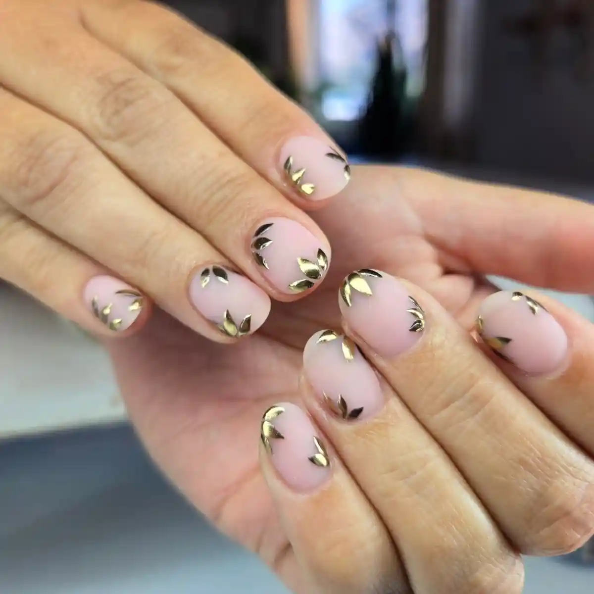 Pale Pink Nails with Gold Leaf Pieces