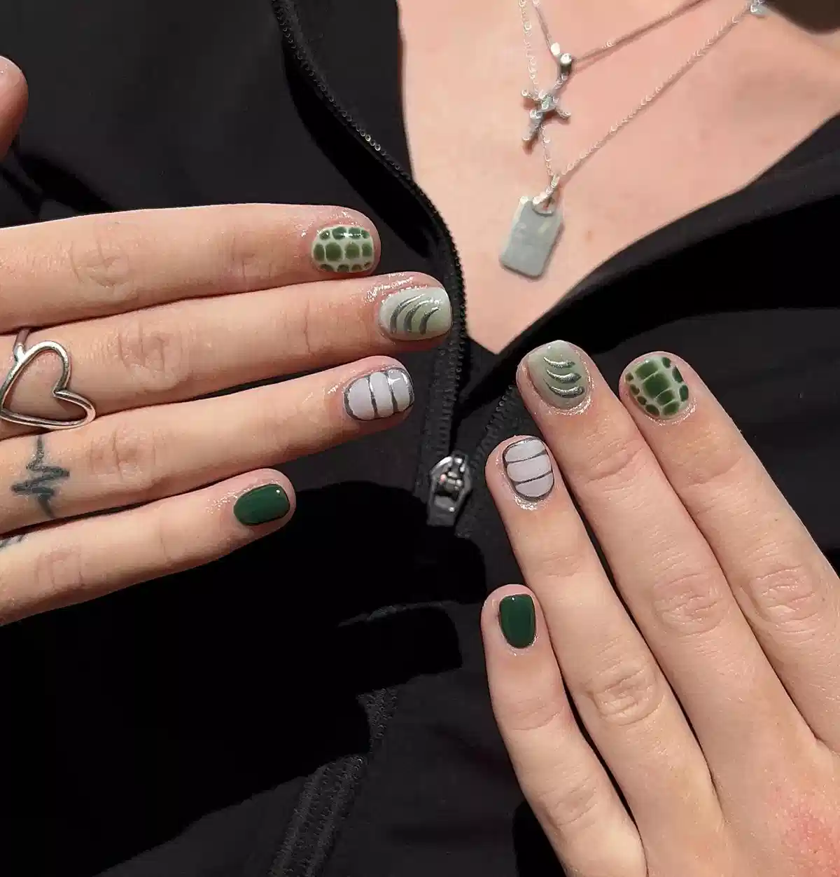 Green and gray mix with scale and curved-line patterns