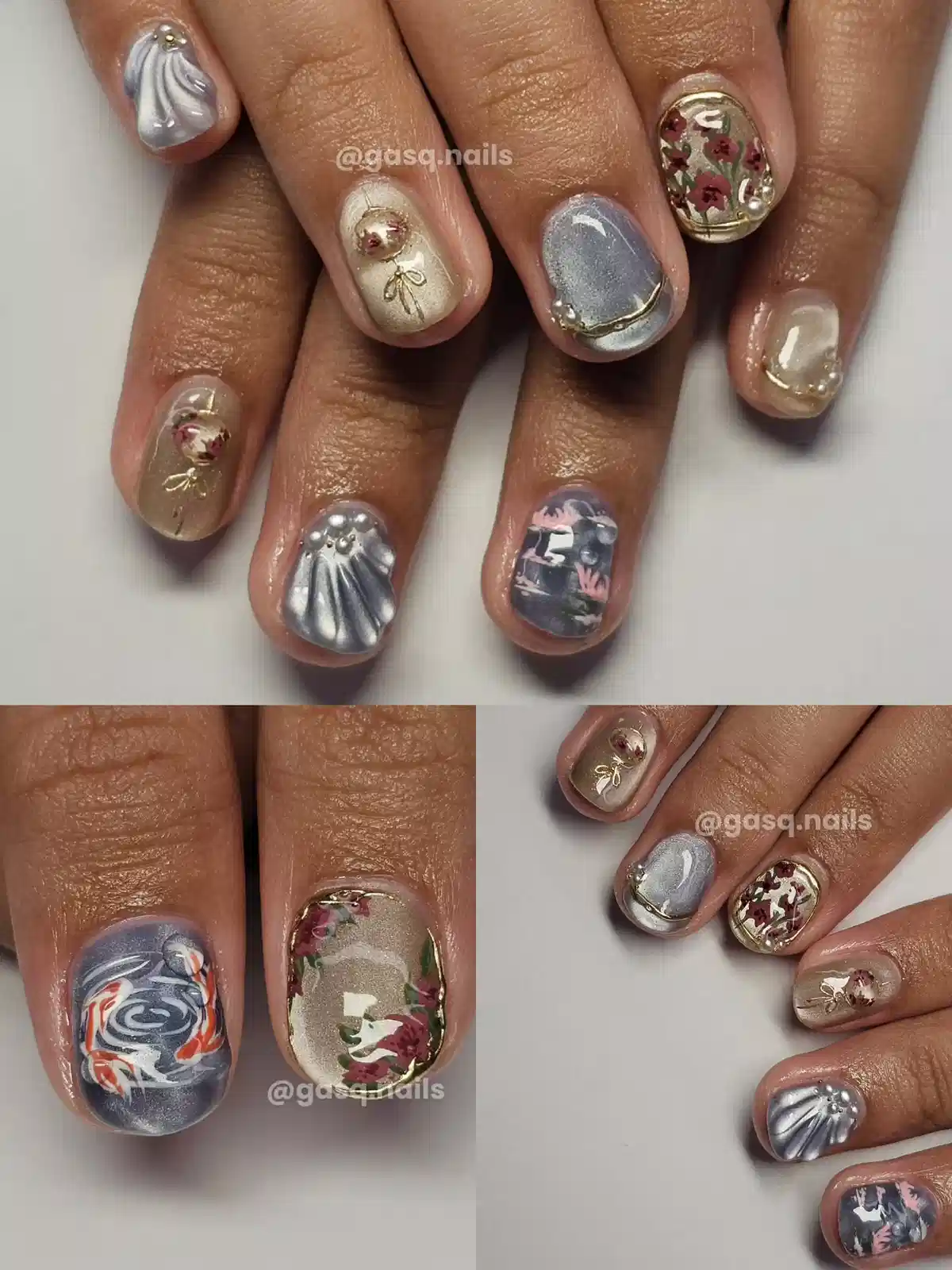 Muted metallic mix with florals, gold outlines, and shell-texture accent