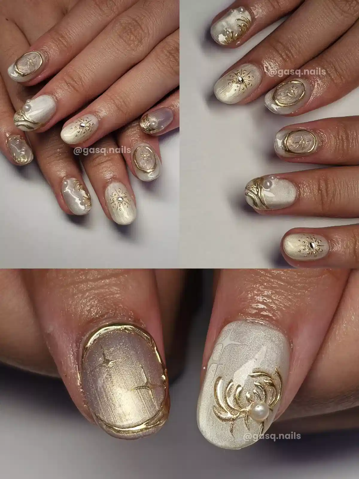Pearly neutrals with raised gold medallion details