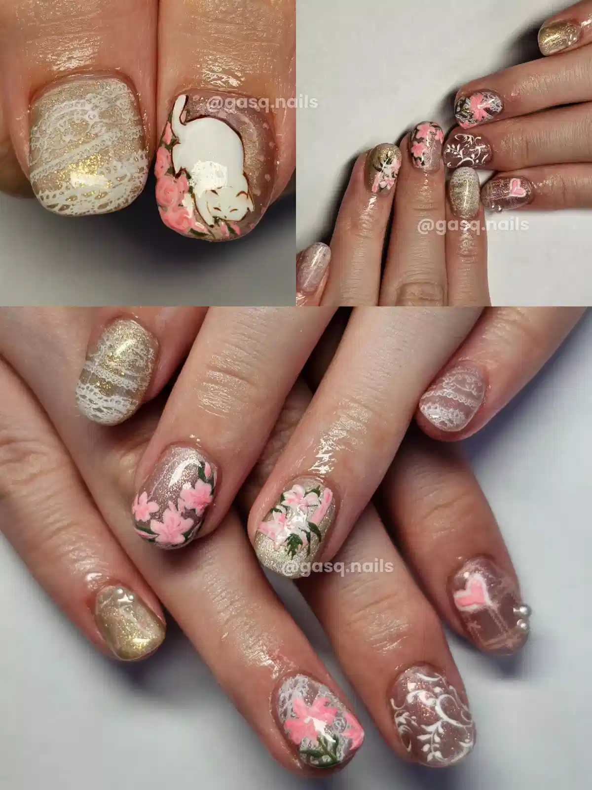 Gold shimmer with pink florals, lace-like patterns, and heart accent