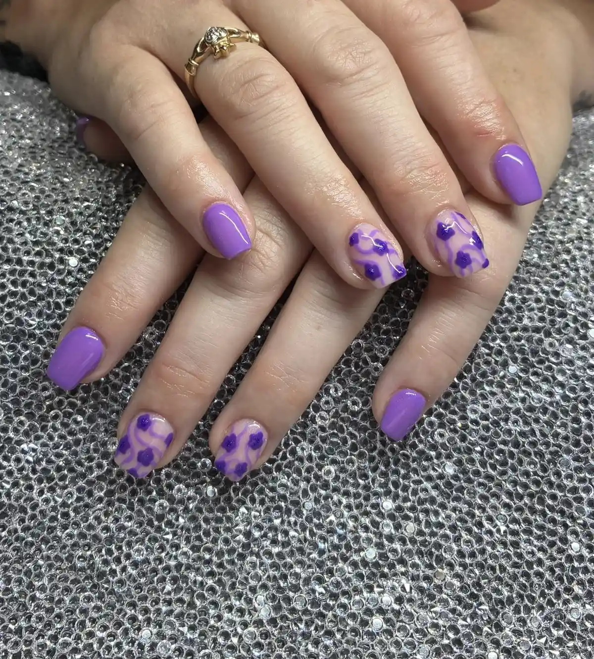 Solid purple with nude accents and purple floral dots