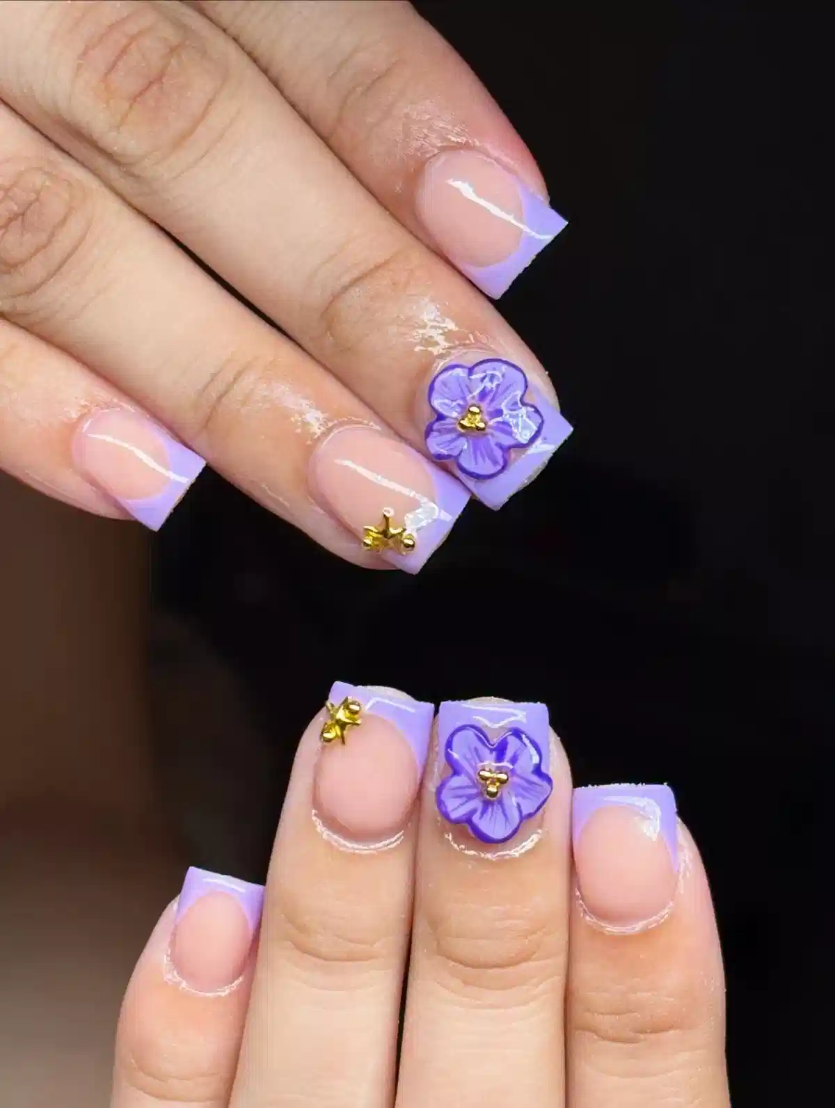 Lavender tips with 3D-style purple flowers and gold accents